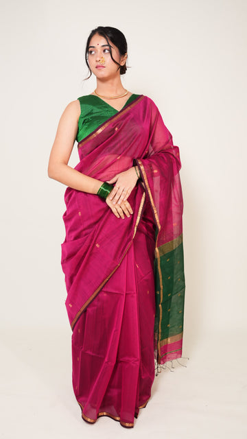 Deep Pink With Green Pallu Maheshwari Butti Handloom Saree