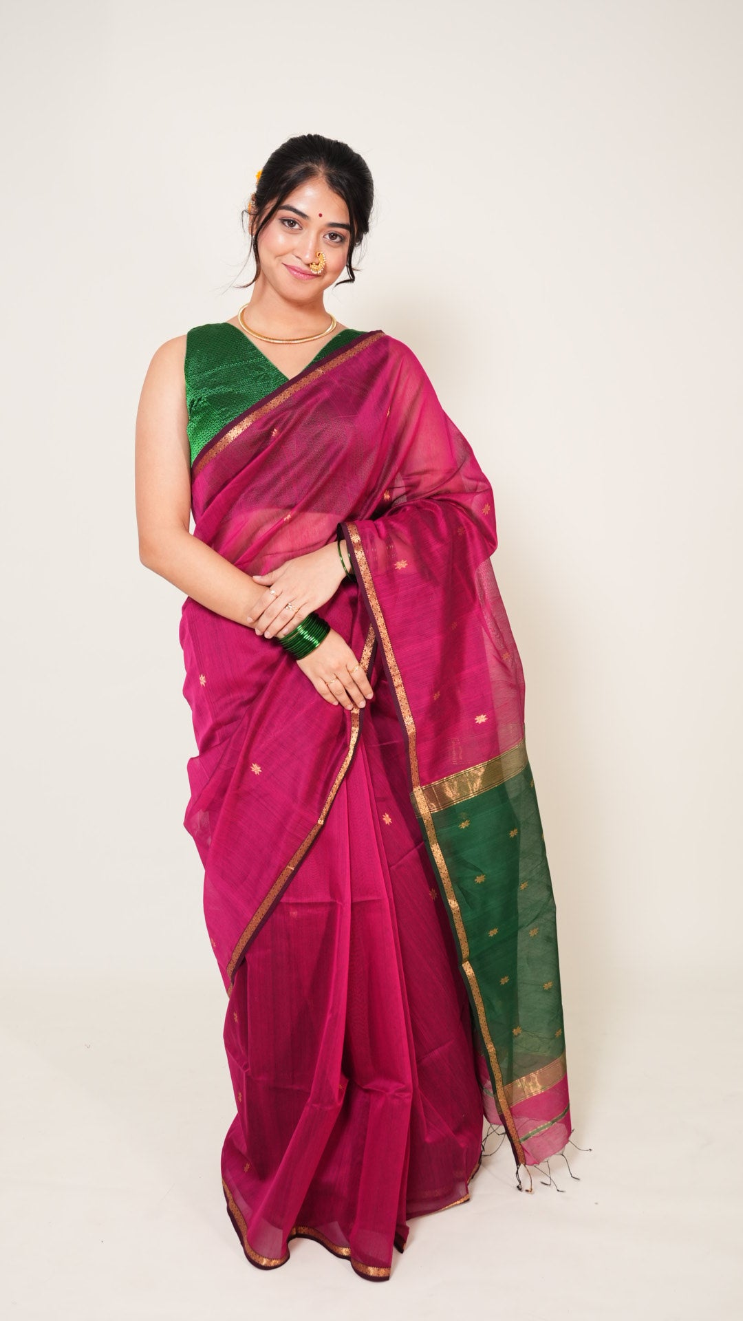 Deep Pink With Green Pallu Maheshwari Butti Handloom Saree