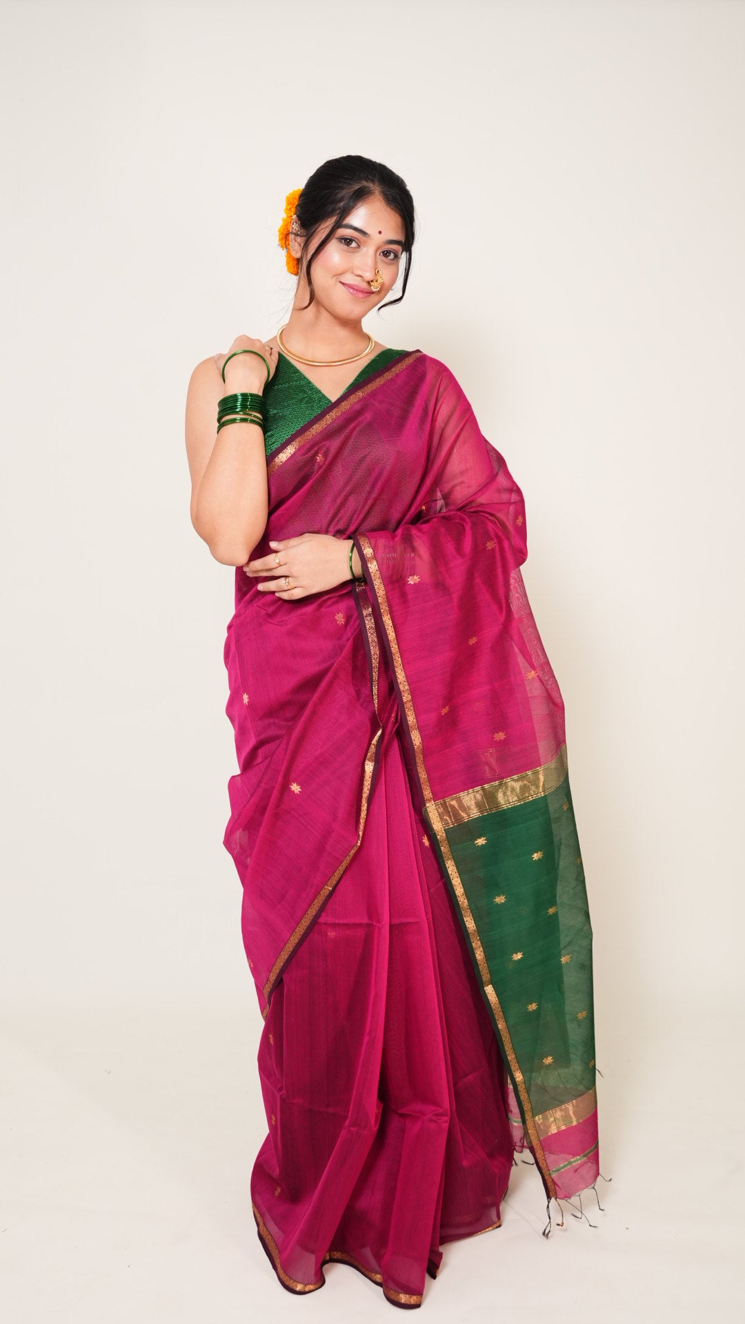 Deep Pink With Green Pallu Maheshwari Butti Handloom Saree