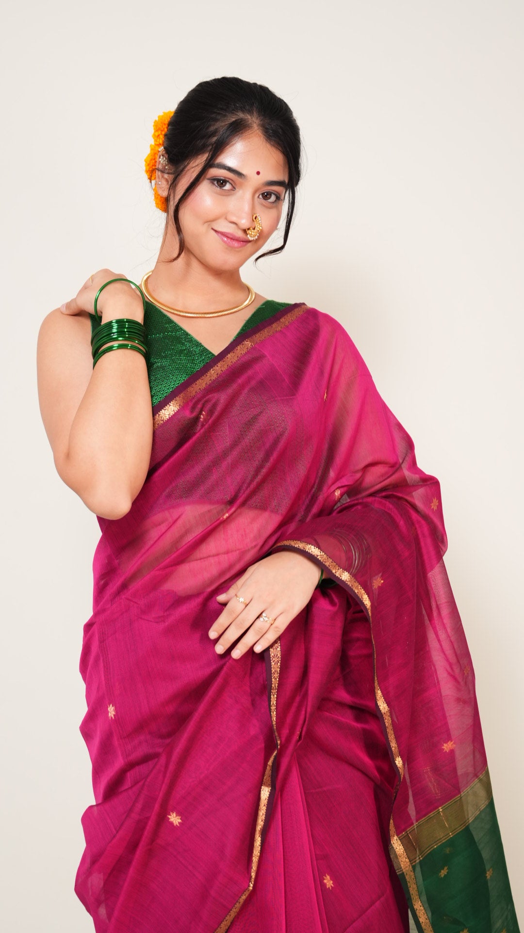 Deep Pink With Green Pallu Maheshwari Butti Handloom Saree