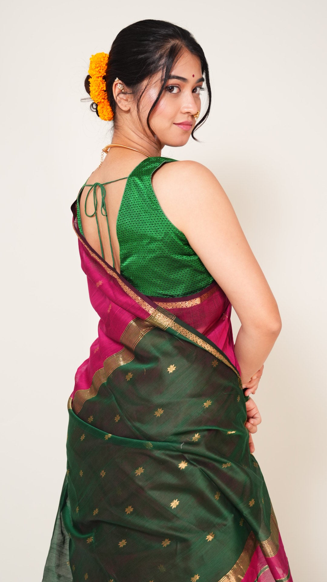 Deep Pink With Green Pallu Maheshwari Butti Handloom Saree