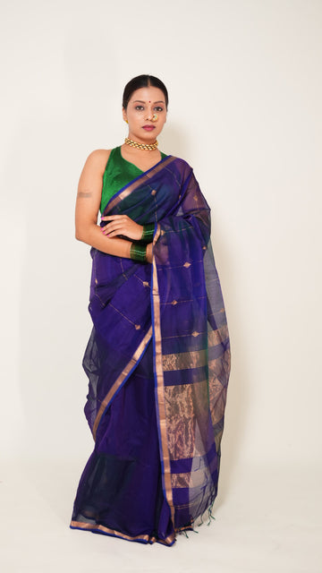 Peacock Blue Dual Shade Maheshwari Zari stripes Handloom Saree