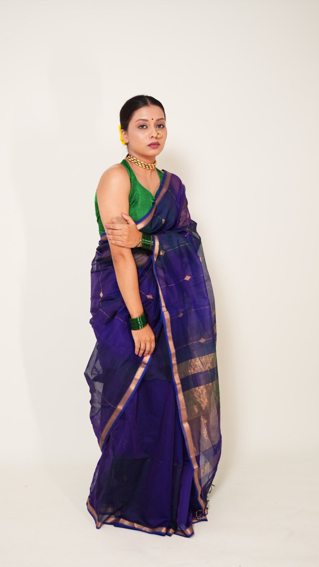 Peacock Blue Dual Shade Maheshwari Zari stripes Handloom Saree