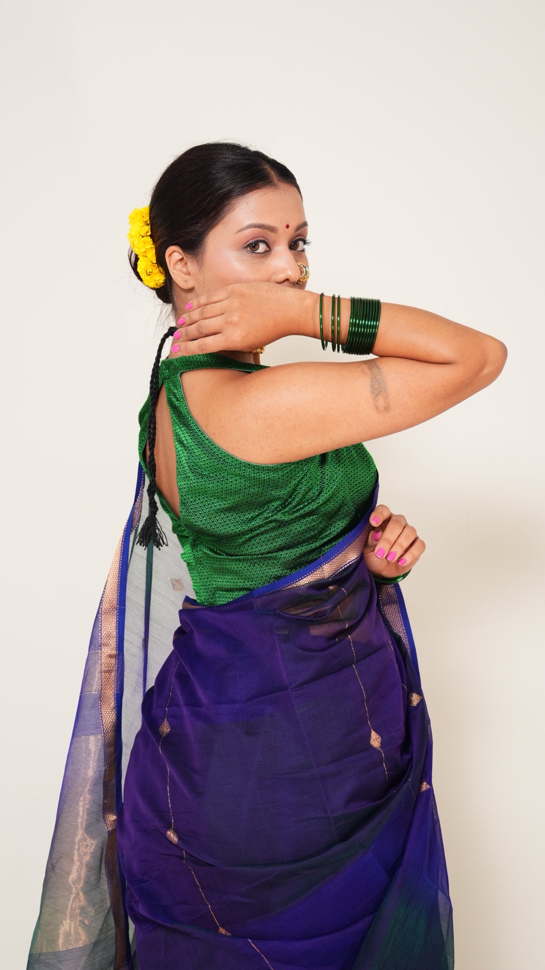 Peacock Blue Dual Shade Maheshwari Zari stripes Handloom Saree