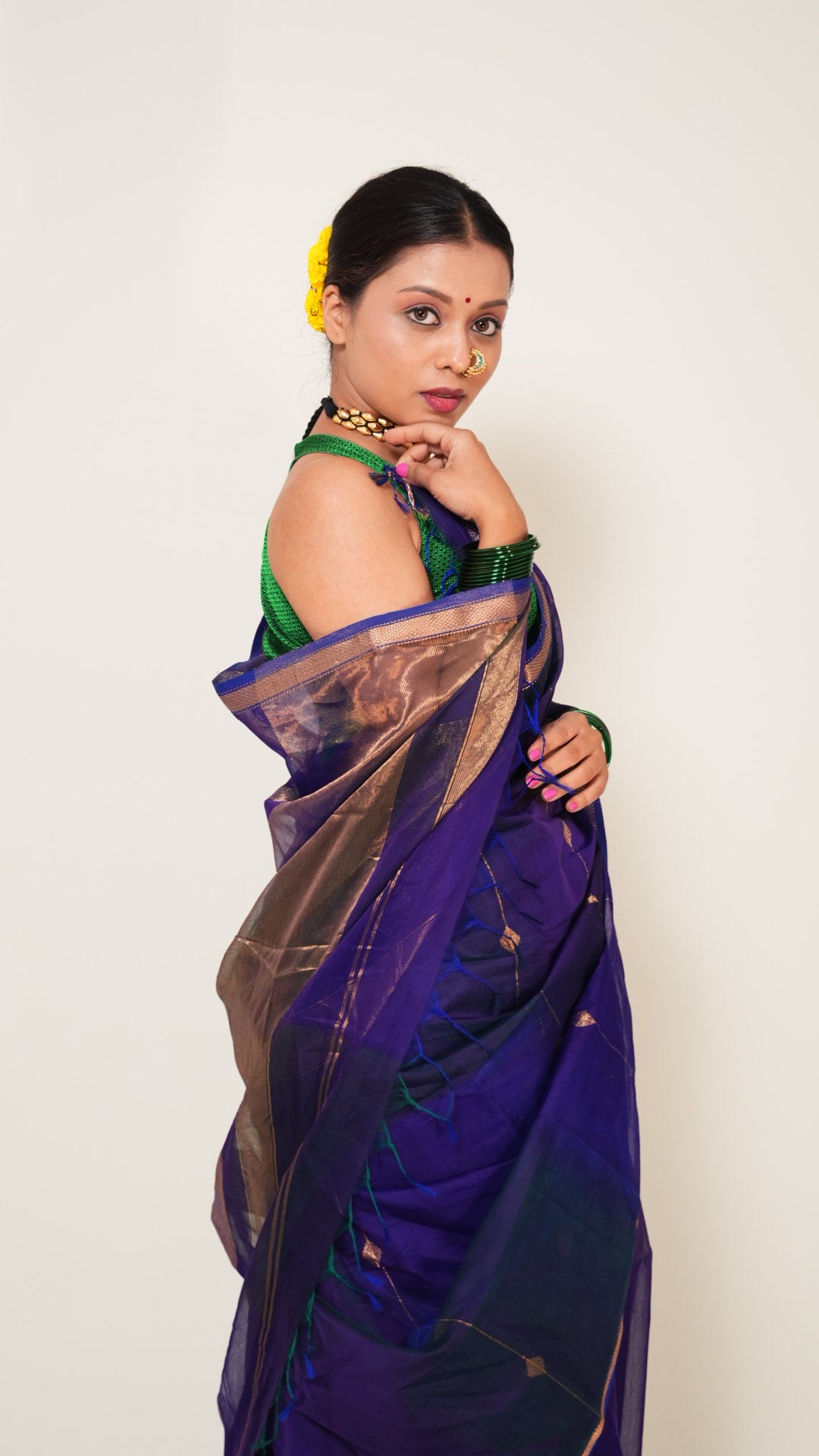 Peacock Blue Dual Shade Maheshwari Zari stripes Handloom Saree