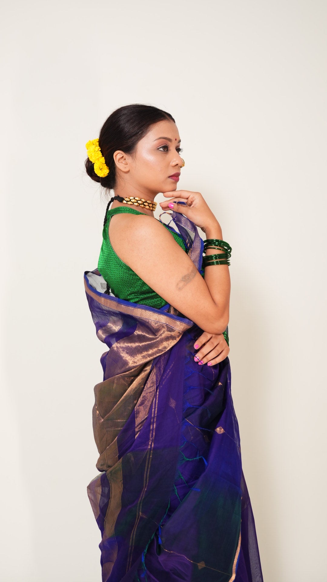 Peacock Blue Dual Shade Maheshwari Zari stripes Handloom Saree