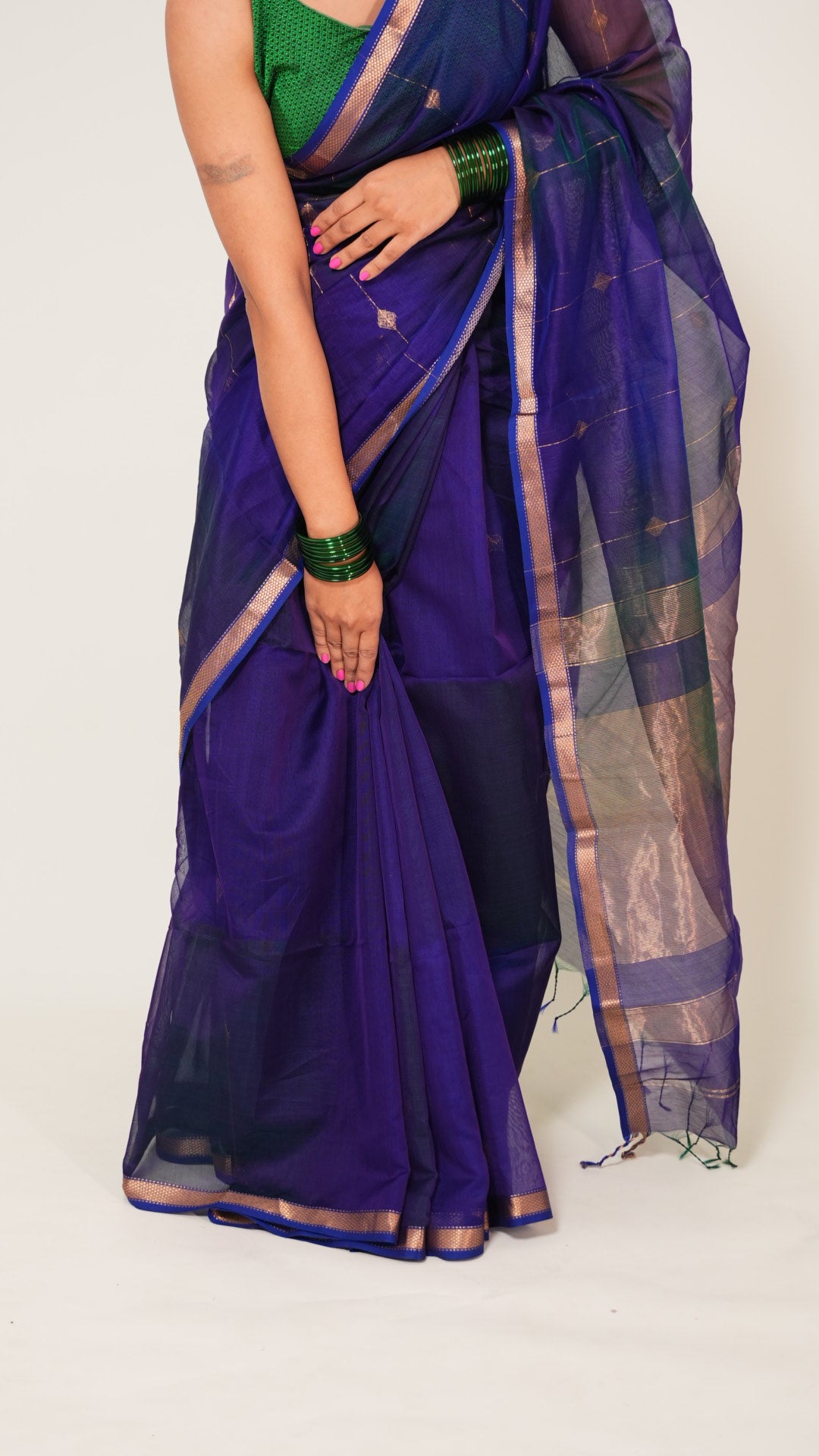 Peacock Blue Dual Shade Maheshwari Zari stripes Handloom Saree