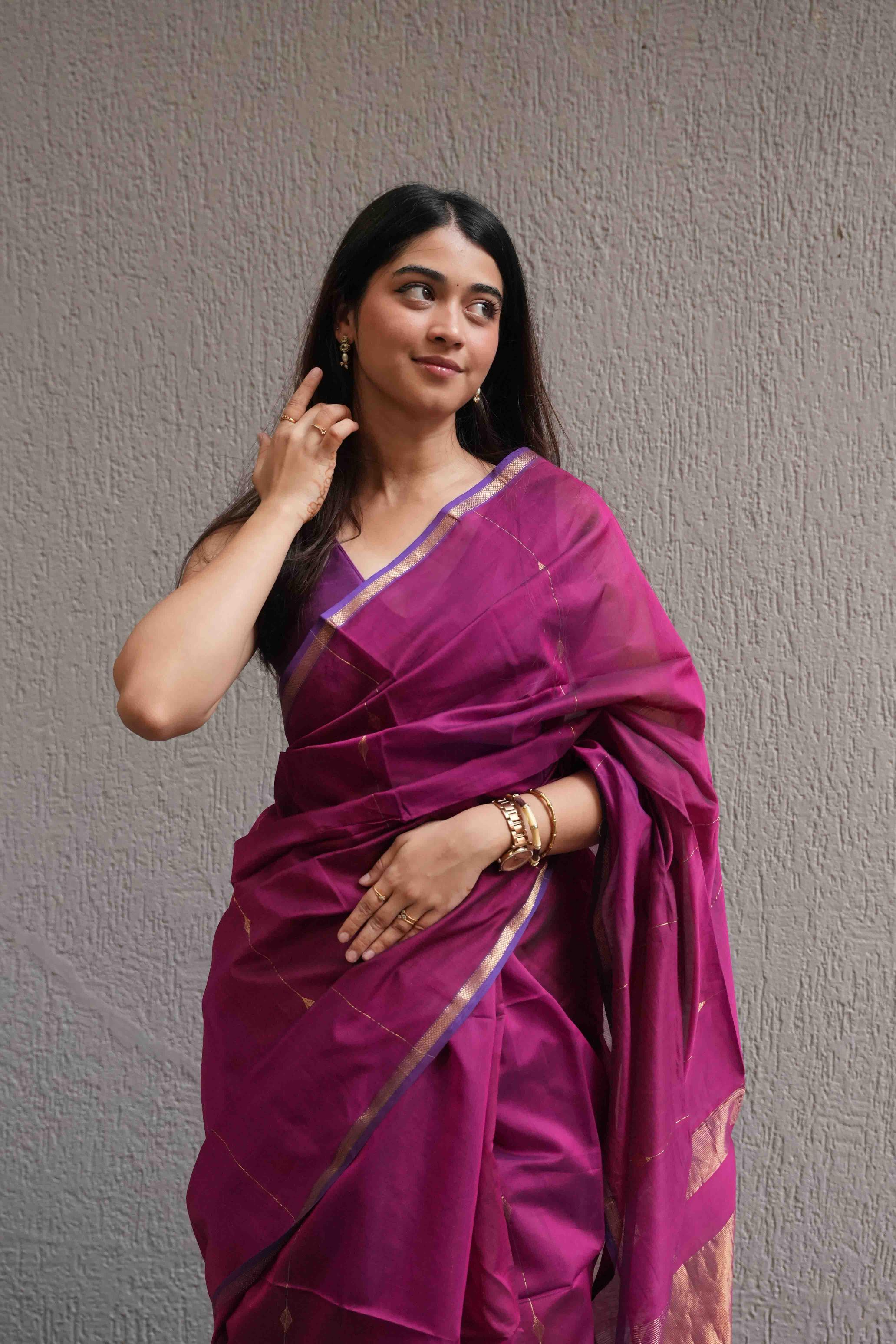 Magenta Dual Shade Maheshwari Zari Stripe Handloom Saree
