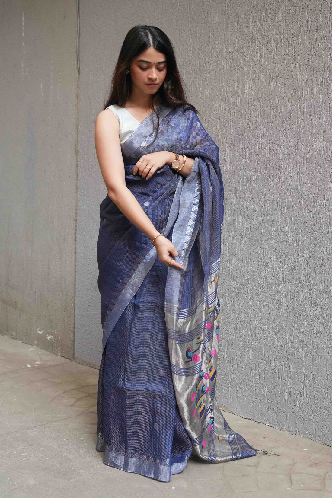 Slate Blue Handloom Silk Linen Silver Zari Jamdani Saree