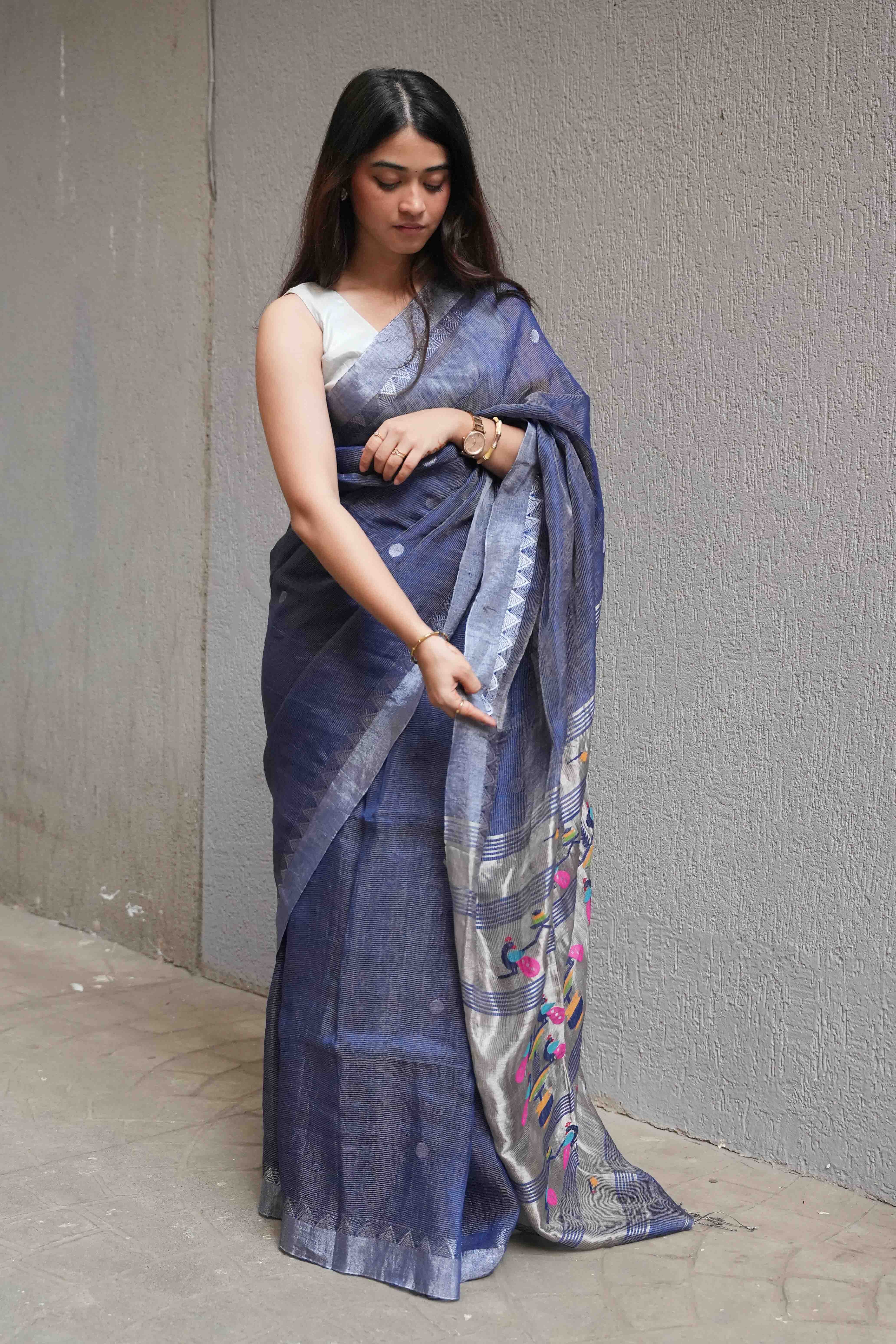 Slate Blue Handloom Silk Tissue Linen Peacock Paithani Pallu Saree