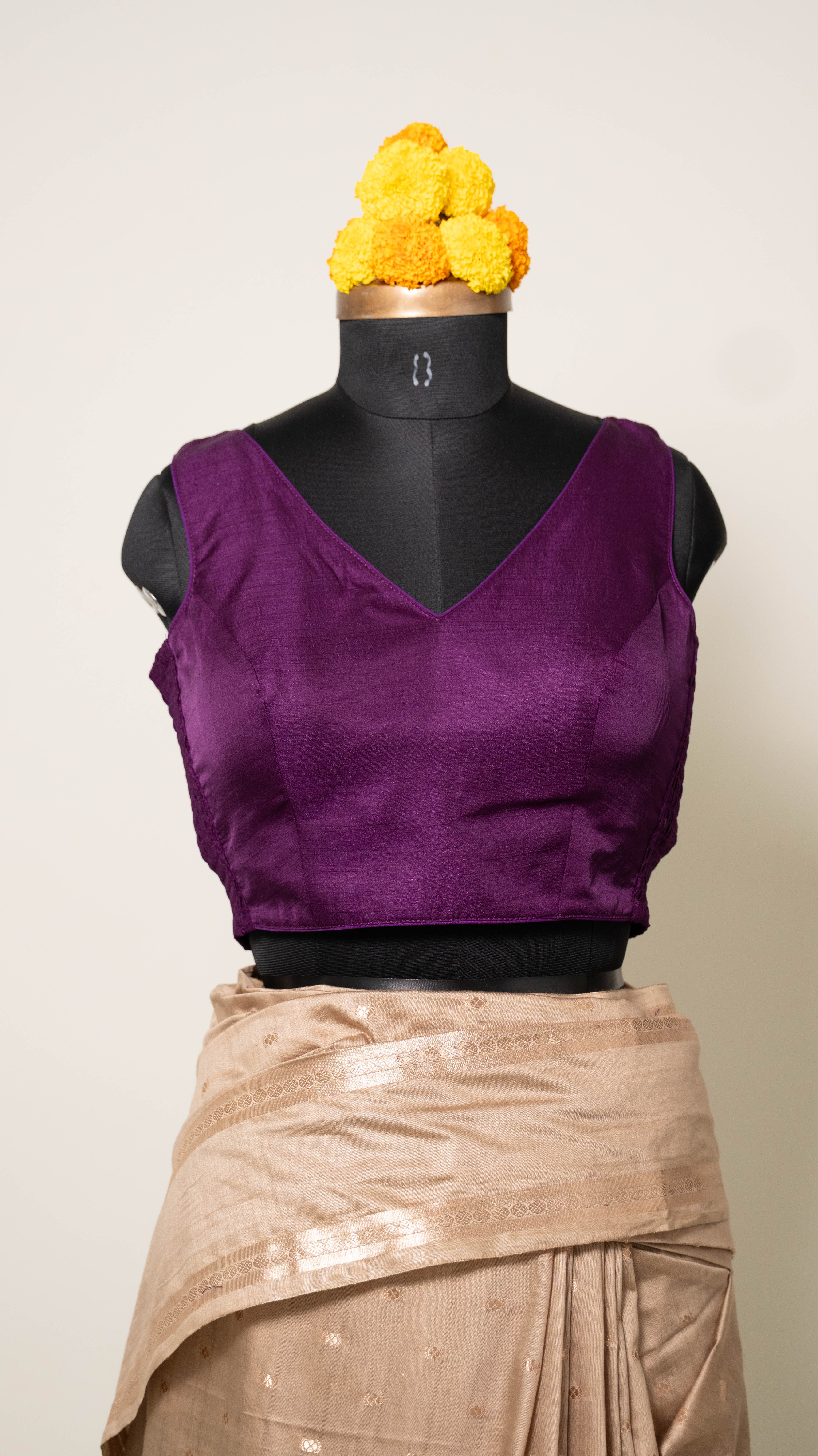 Purple Soft Silk V Neck Padded Blouse With Attached Sleeves