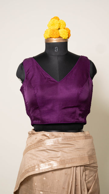 Purple Soft Silk V Neck Padded Blouse With Attached Sleeves