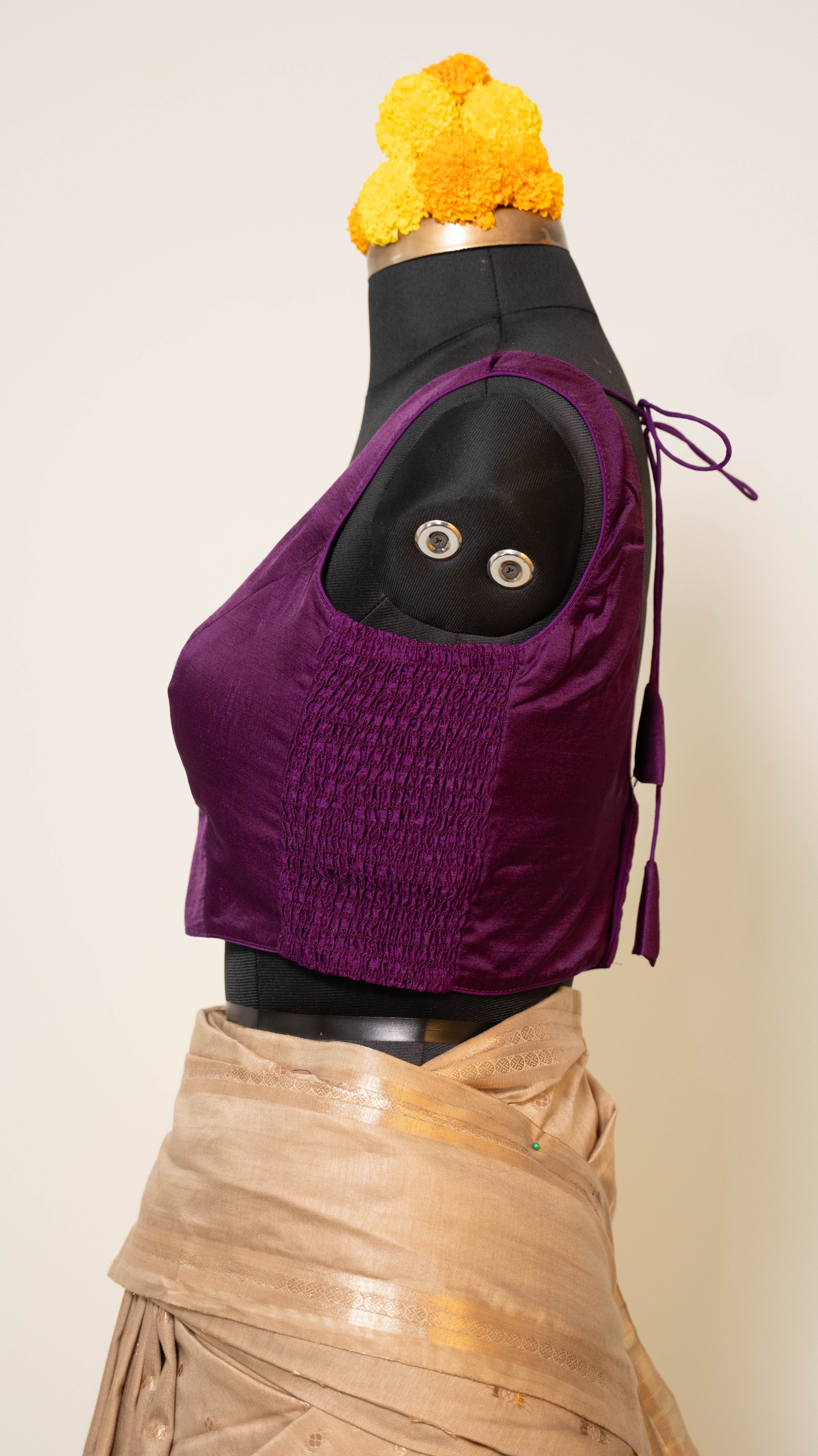 Purple Soft Silk V Neck Padded Blouse With Attached Sleeves