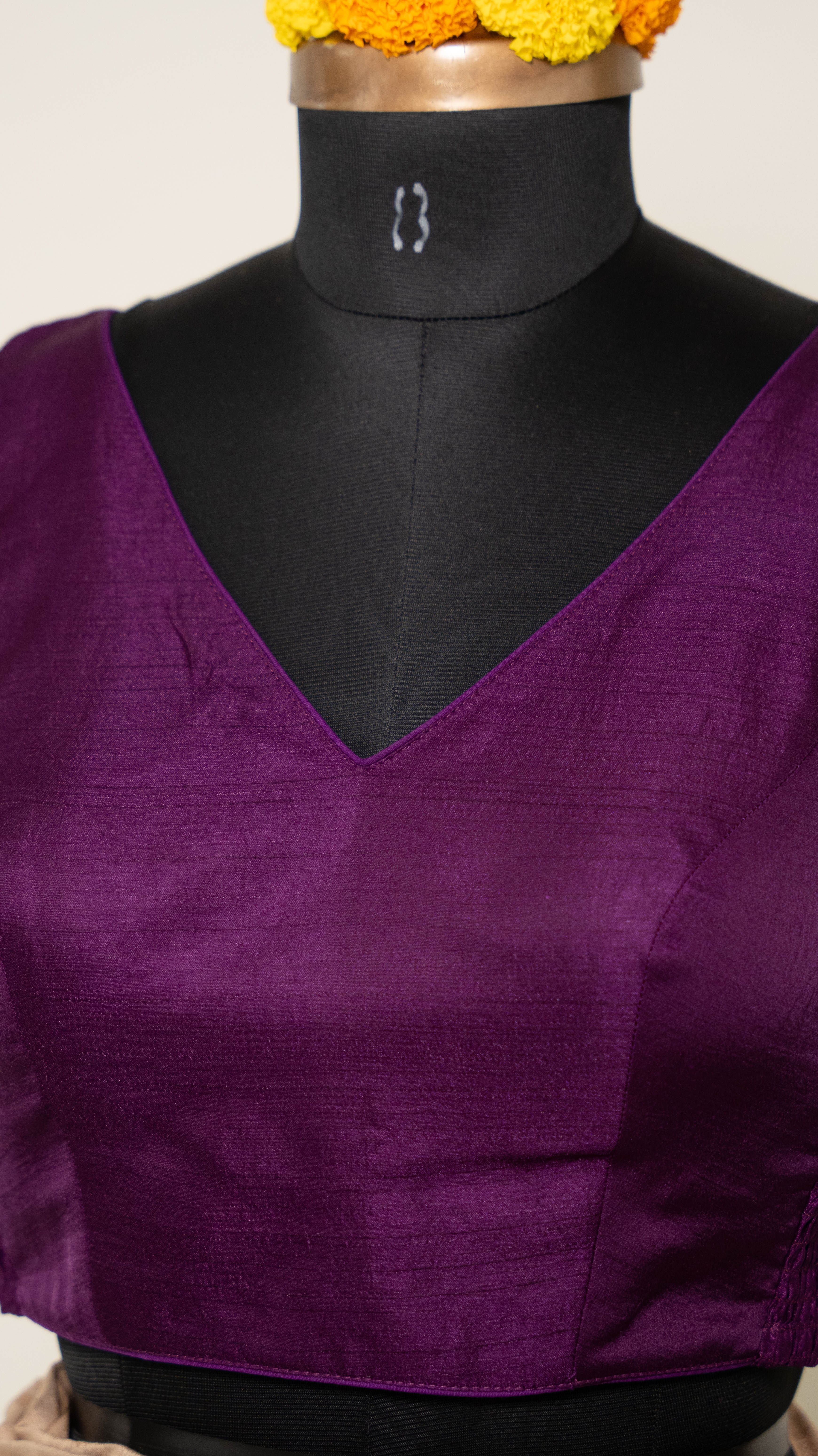 Purple Soft Silk V Neck Padded Blouse With Attached Sleeves