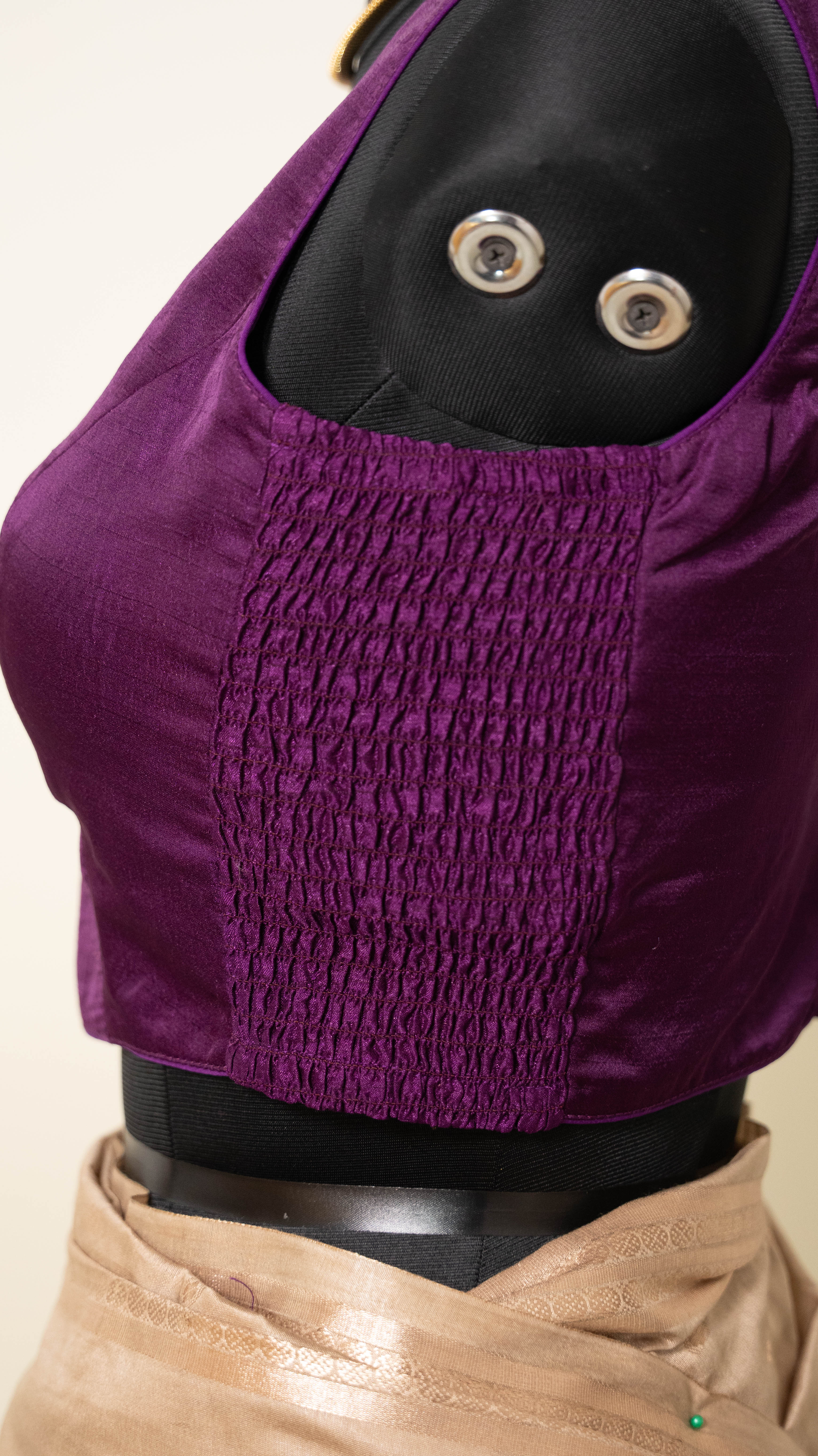 Purple Soft Silk V Neck Padded Blouse With Attached Sleeves