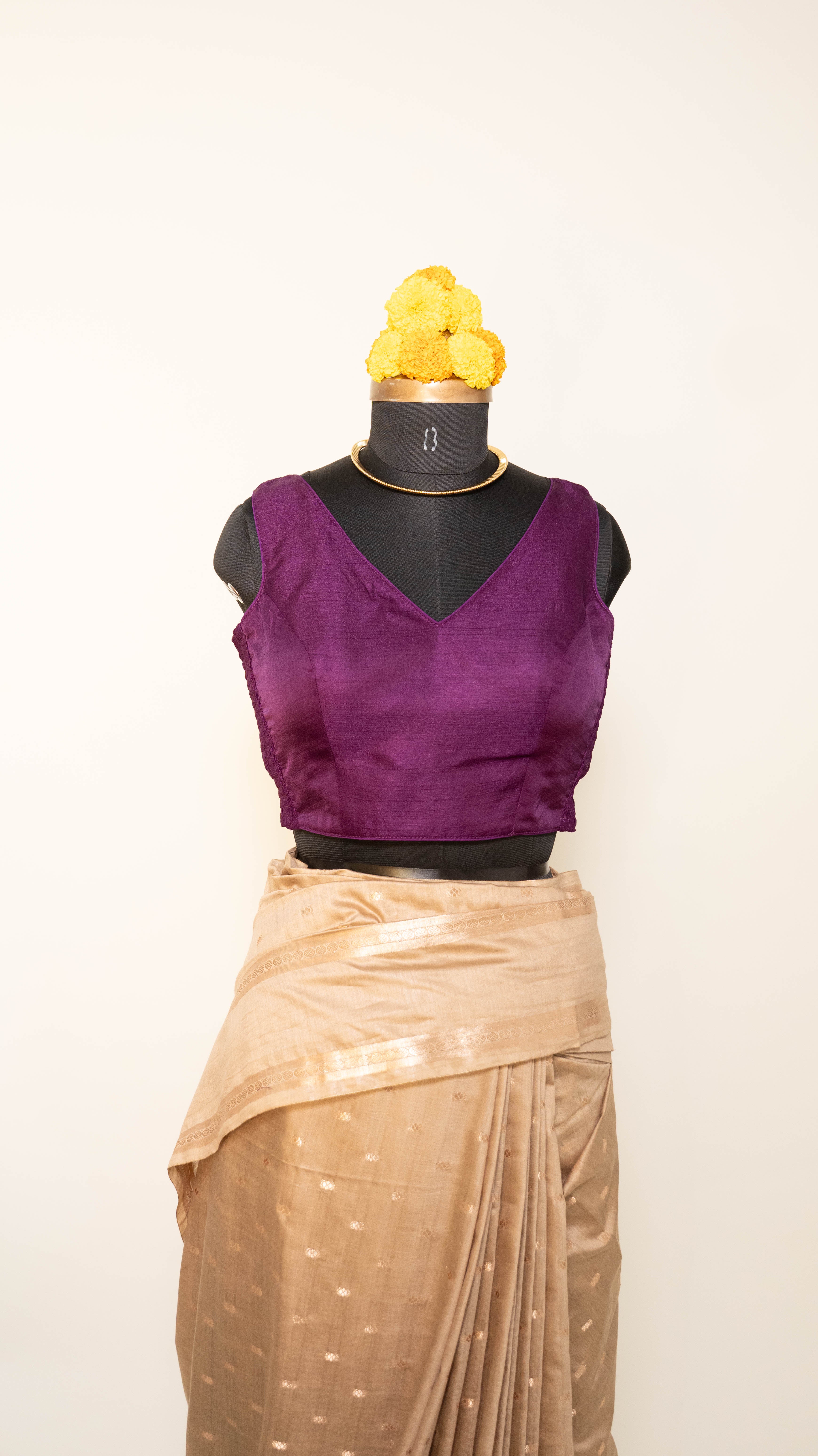 Purple Soft Silk V Neck Padded Blouse With Attached Sleeves