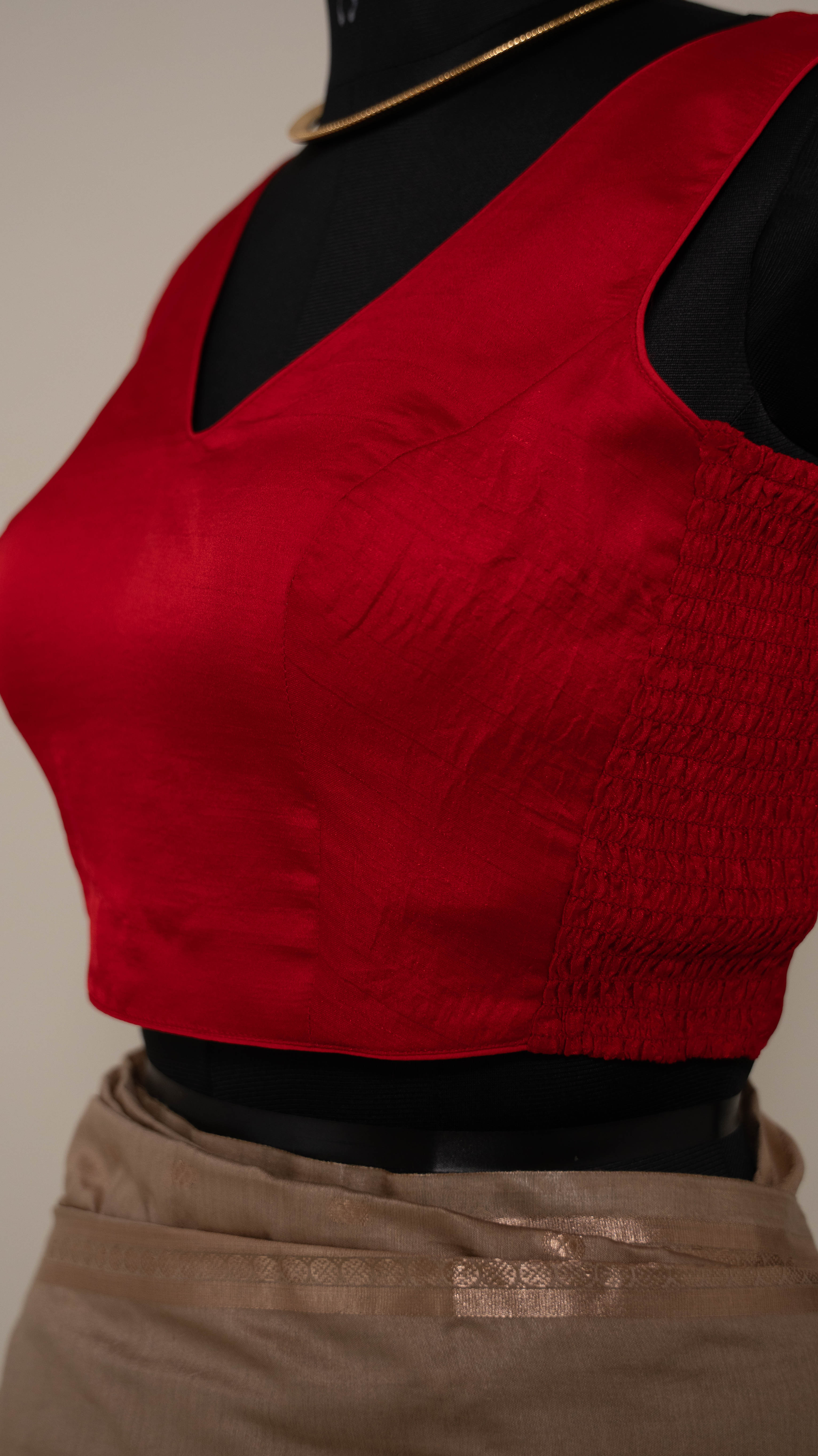 Red Soft Silk V Neck Padded Blouse With Attached Sleeves