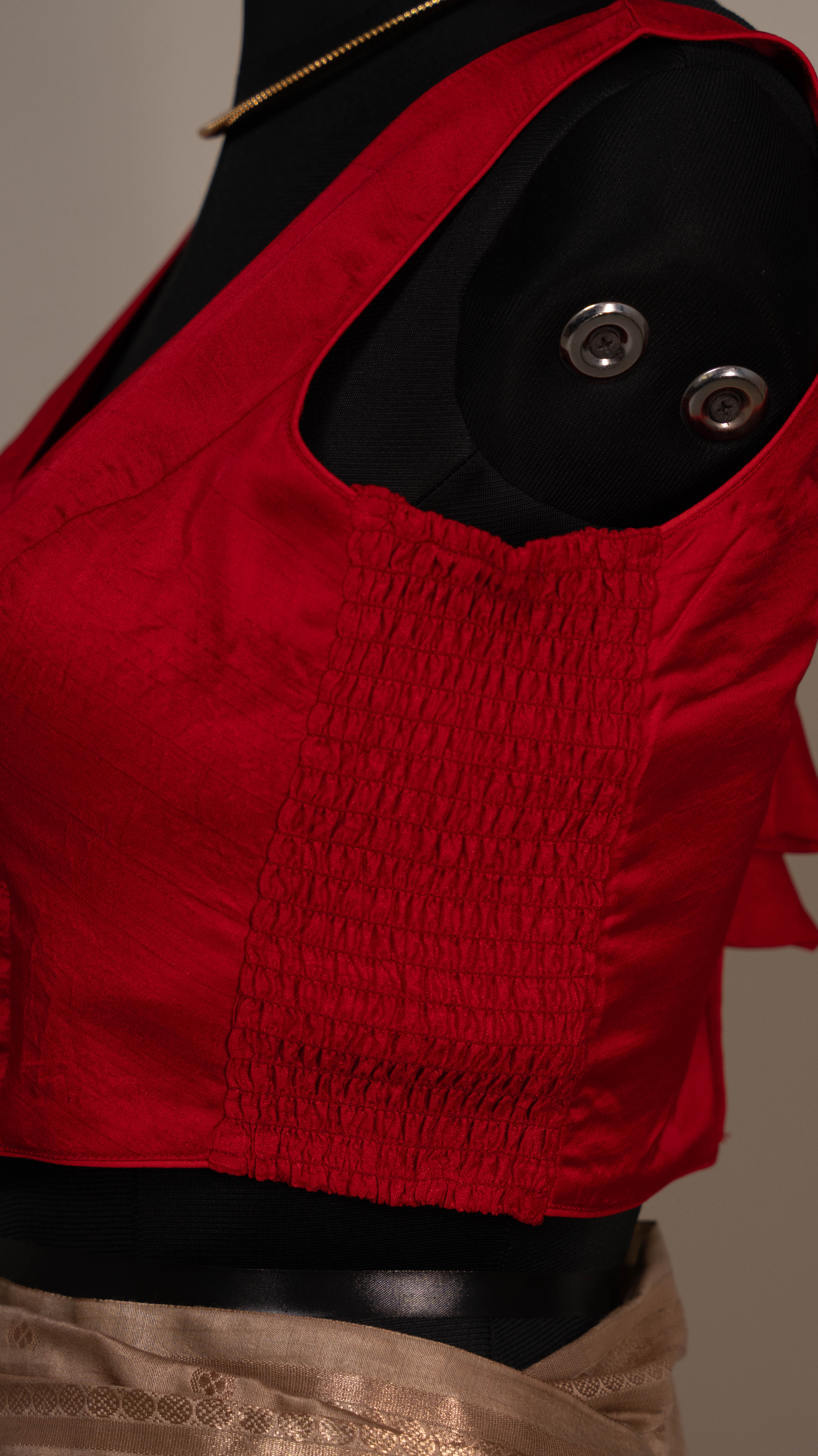 Red Soft Silk V Neck Padded Blouse With Attached Sleeves