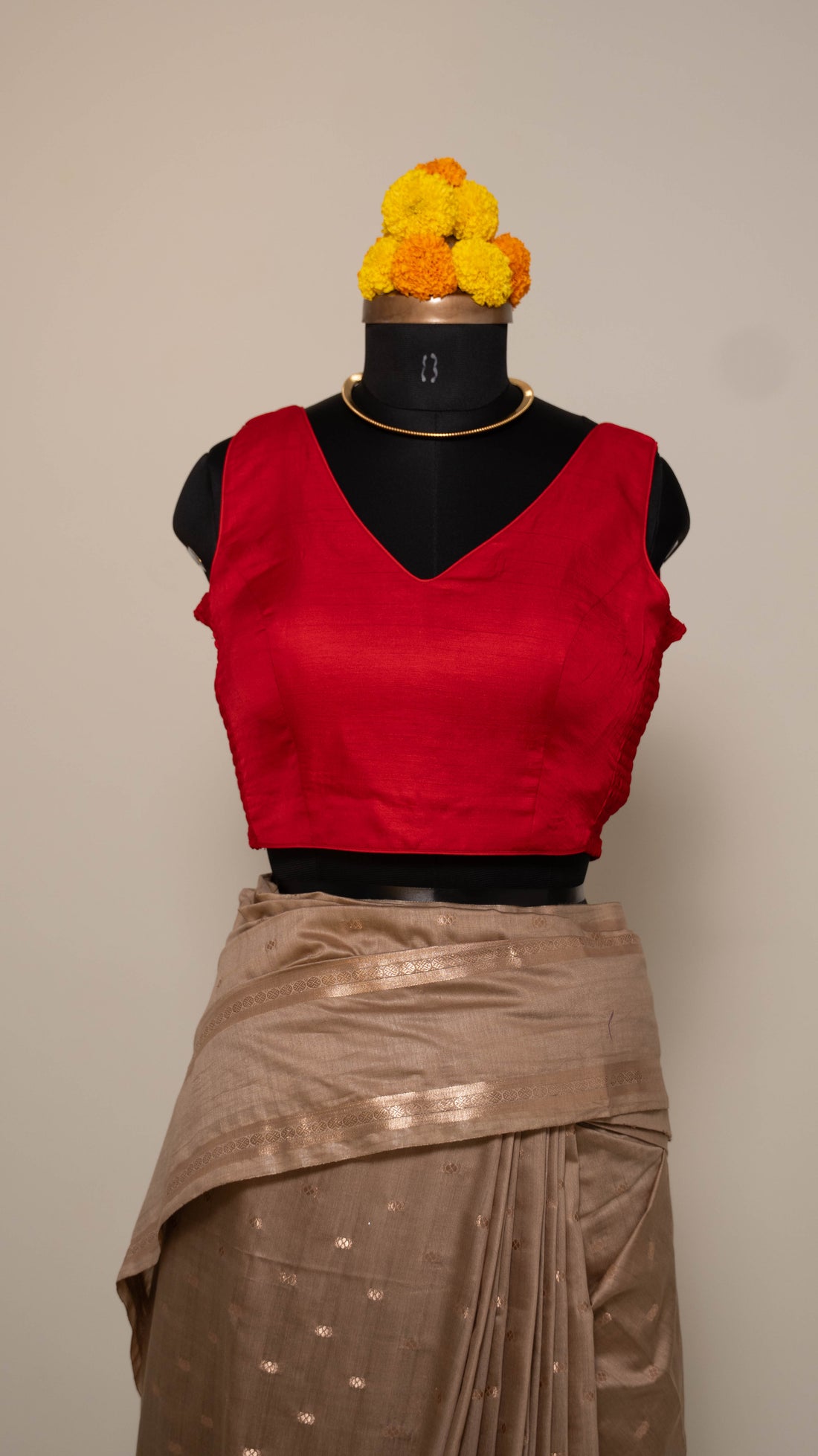 Red Soft Silk V Neck Padded Blouse With Attached Sleeves