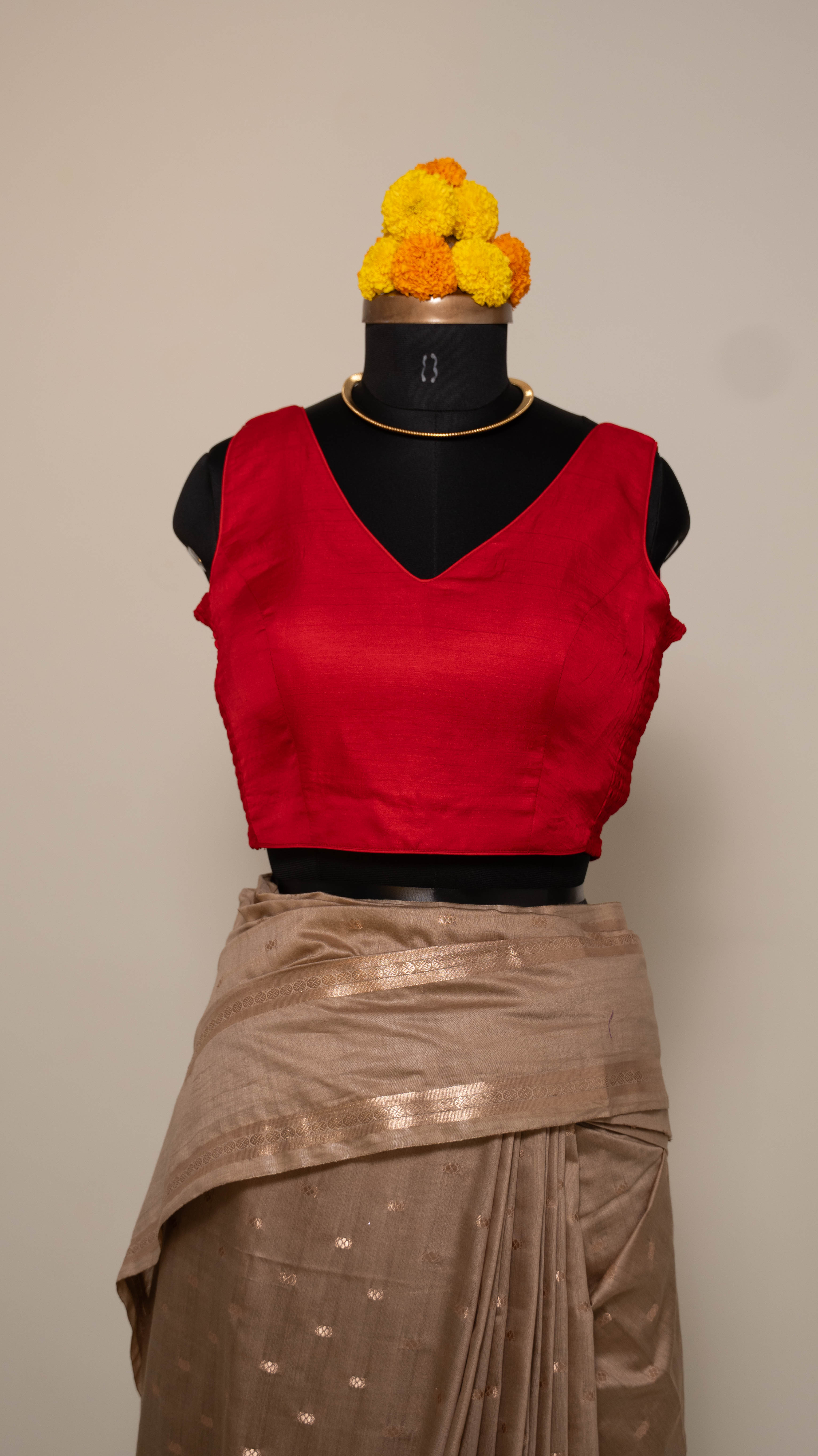 Red Soft Silk V Neck Padded Blouse With Attached Sleeves