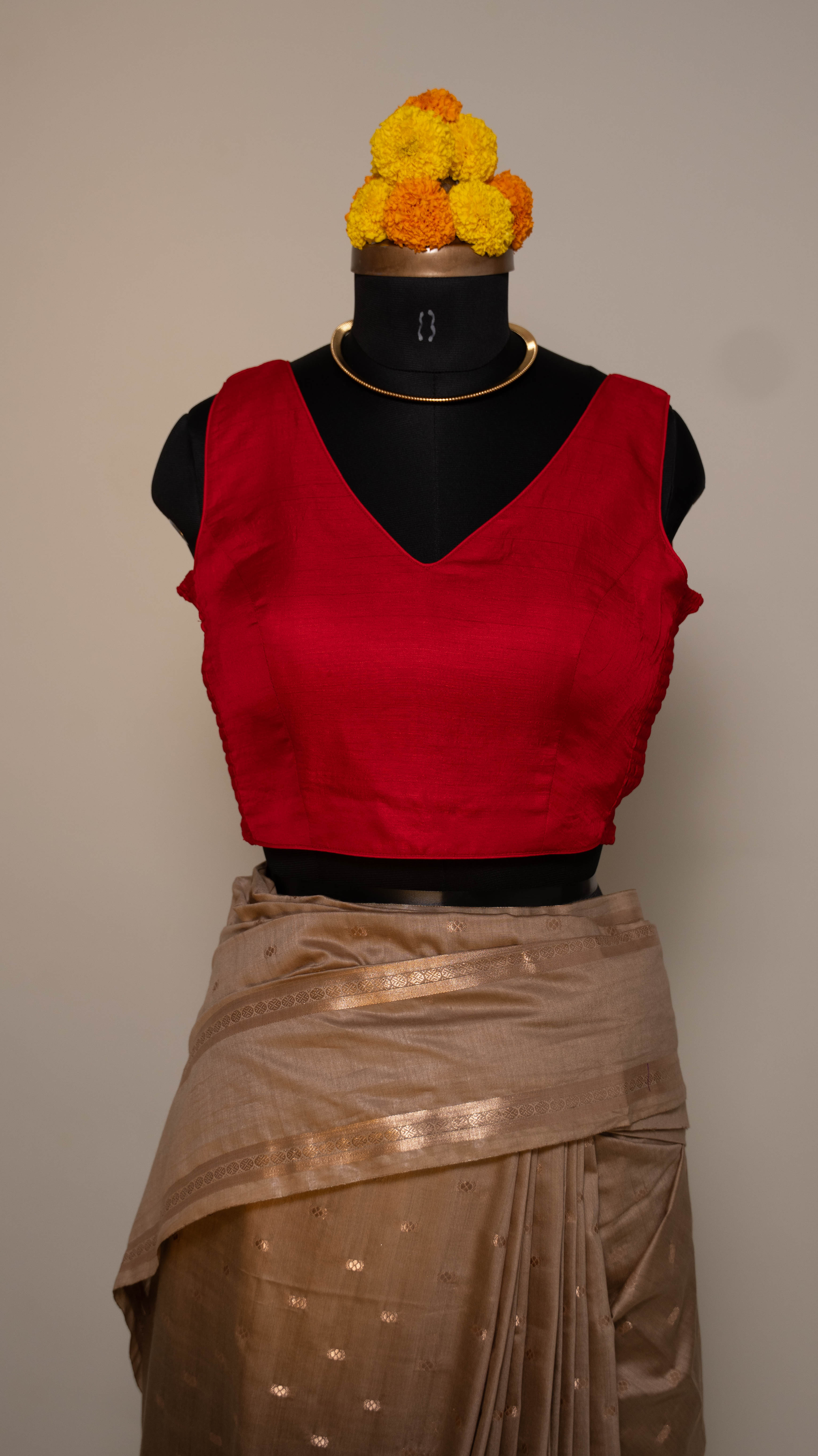 Red Soft Silk V Neck Padded Blouse With Attached Sleeves