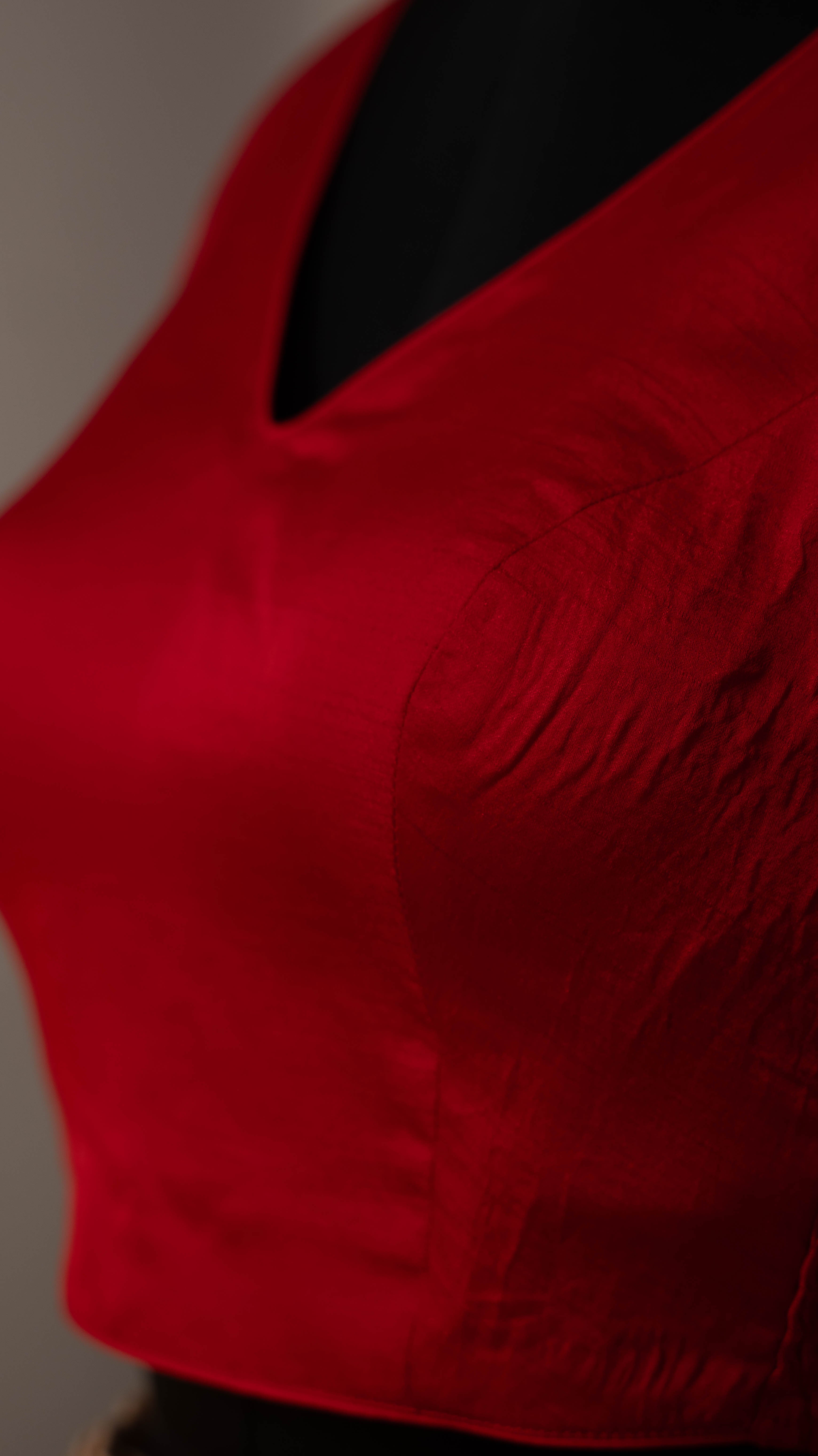 Red Soft Silk V Neck Padded Blouse With Attached Sleeves