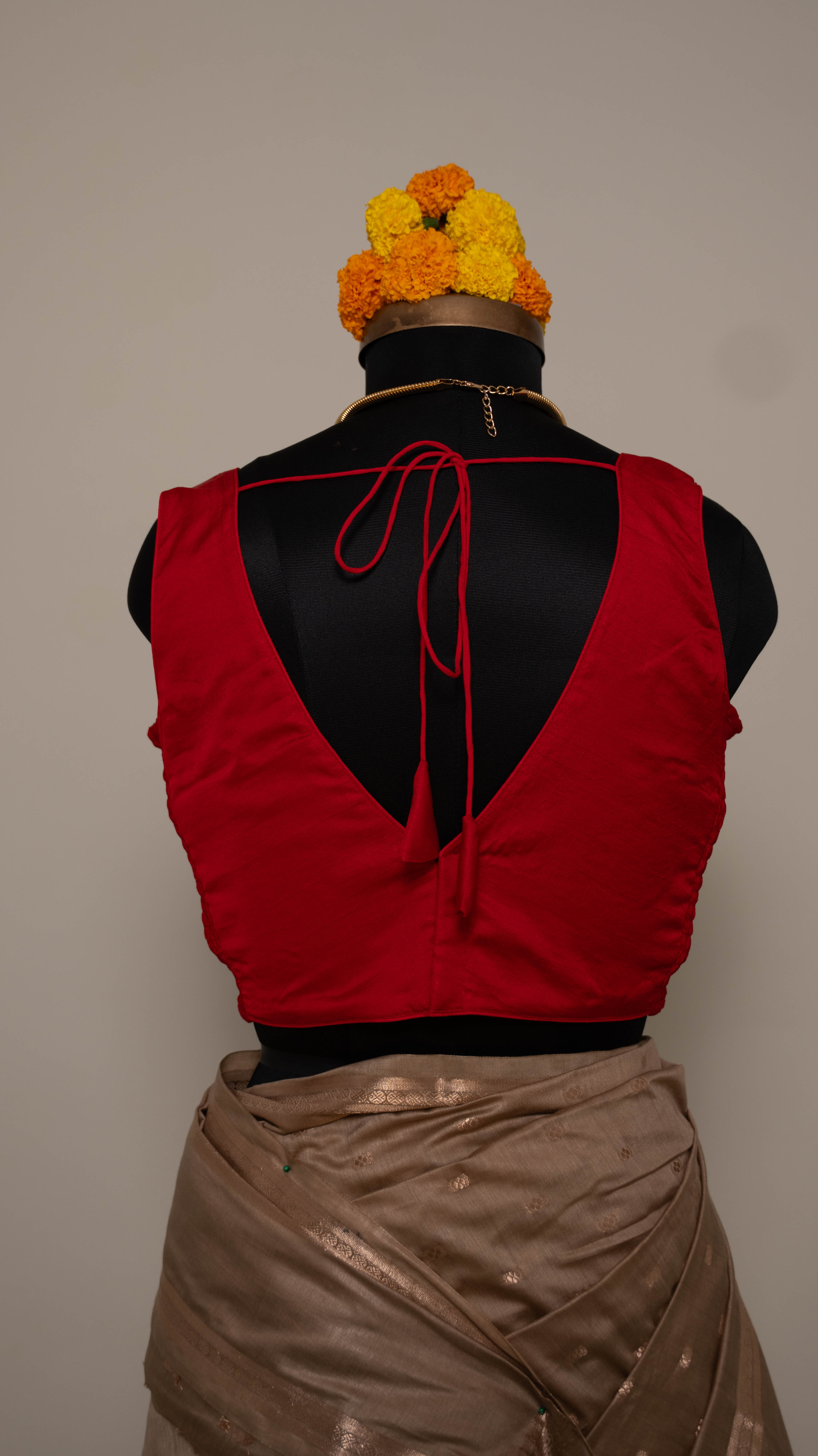 Red Soft Silk V Neck Padded Blouse With Attached Sleeves