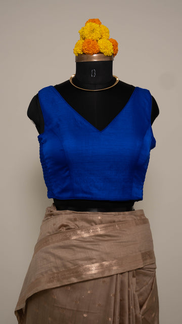 Electric Blue Soft Silk V Neck Padded Blouse With Attached Sleeves