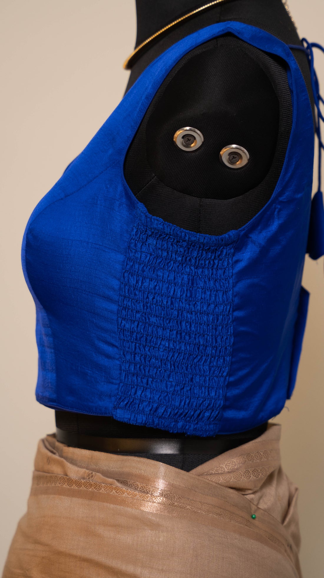 Electric Blue Soft Silk V Neck Padded Blouse With Attached Sleeves