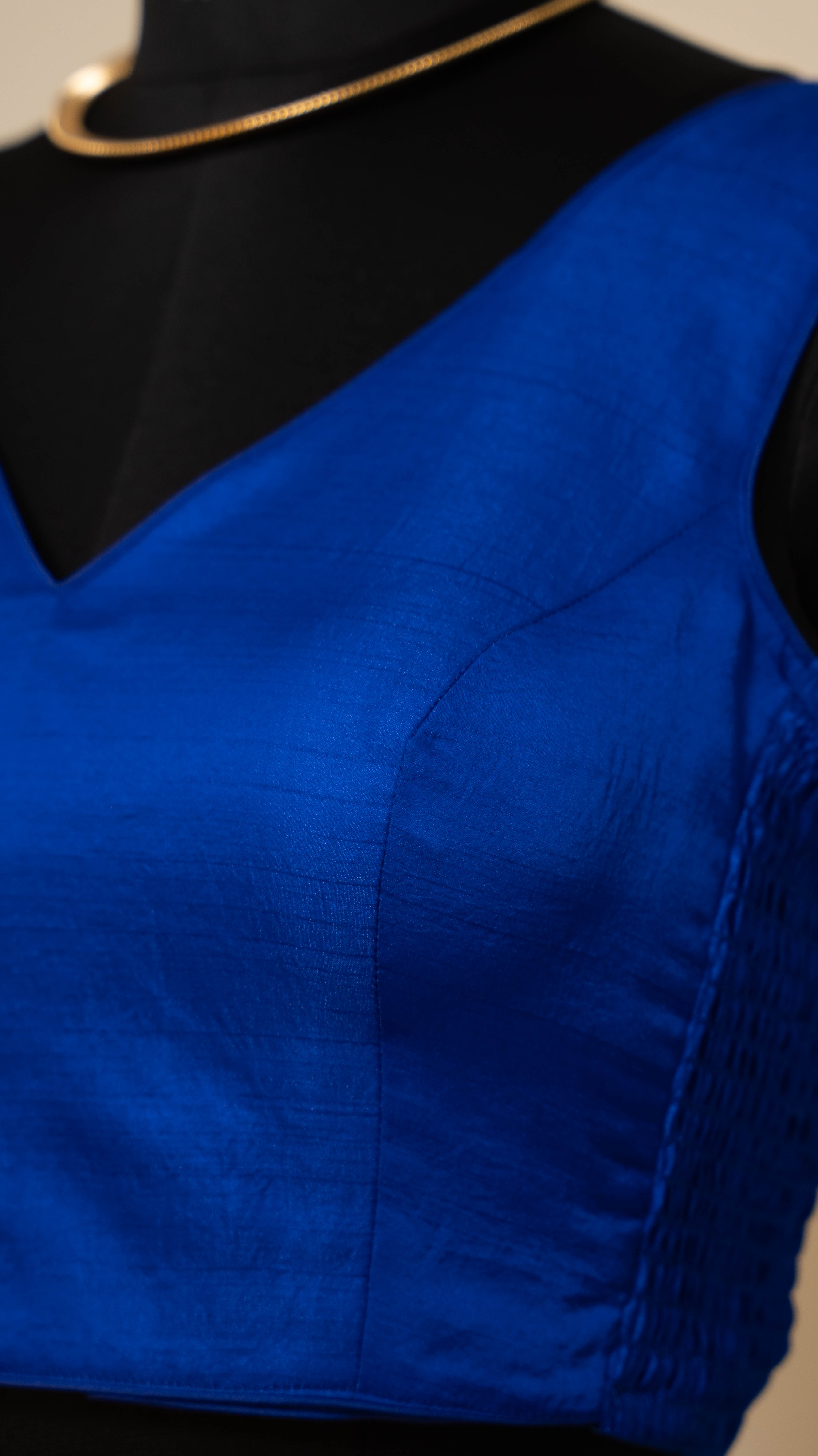 Electric Blue Soft Silk V Neck Padded Blouse With Attached Sleeves