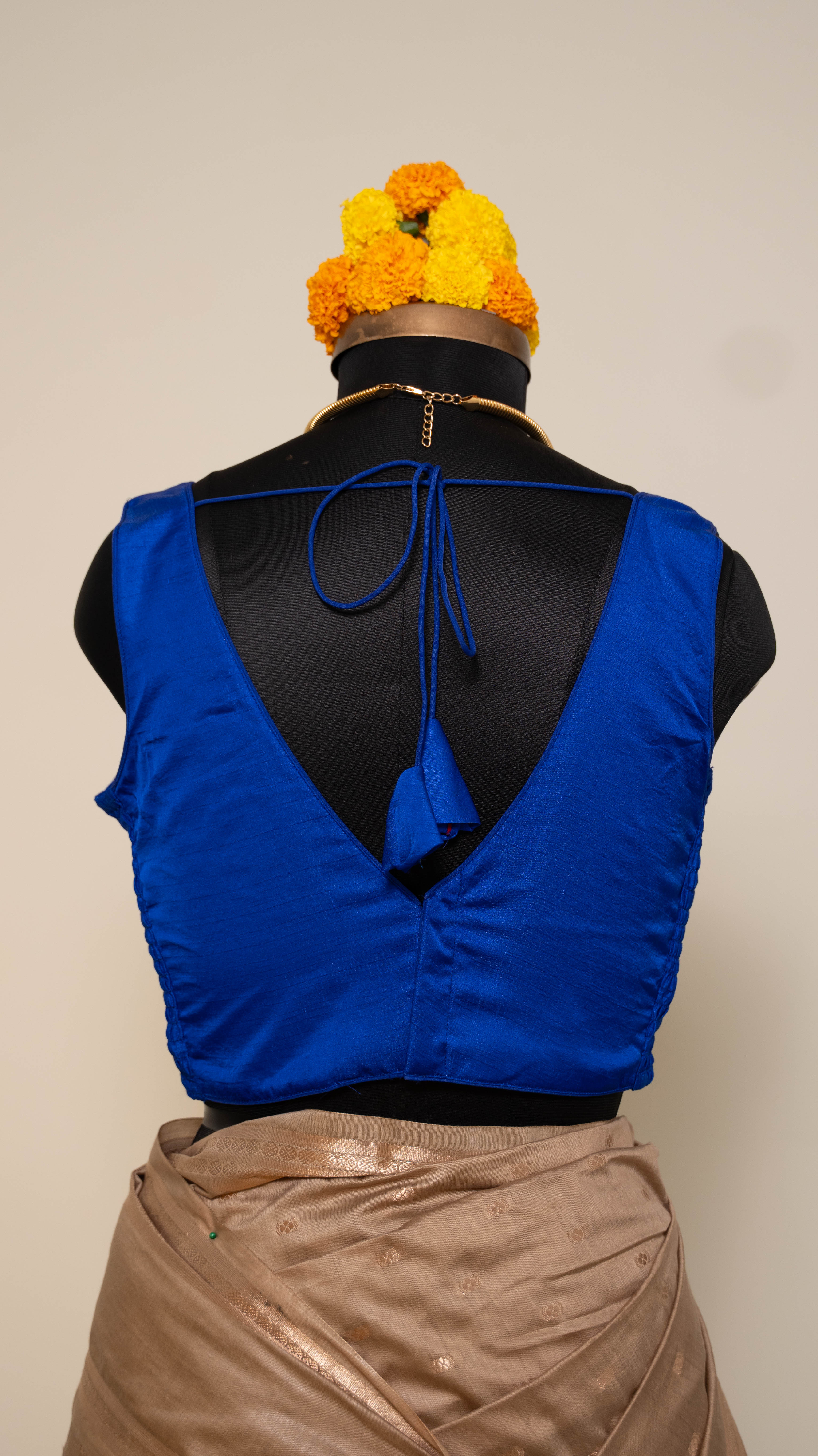 Electric Blue Soft Silk V Neck Padded Blouse With Attached Sleeves
