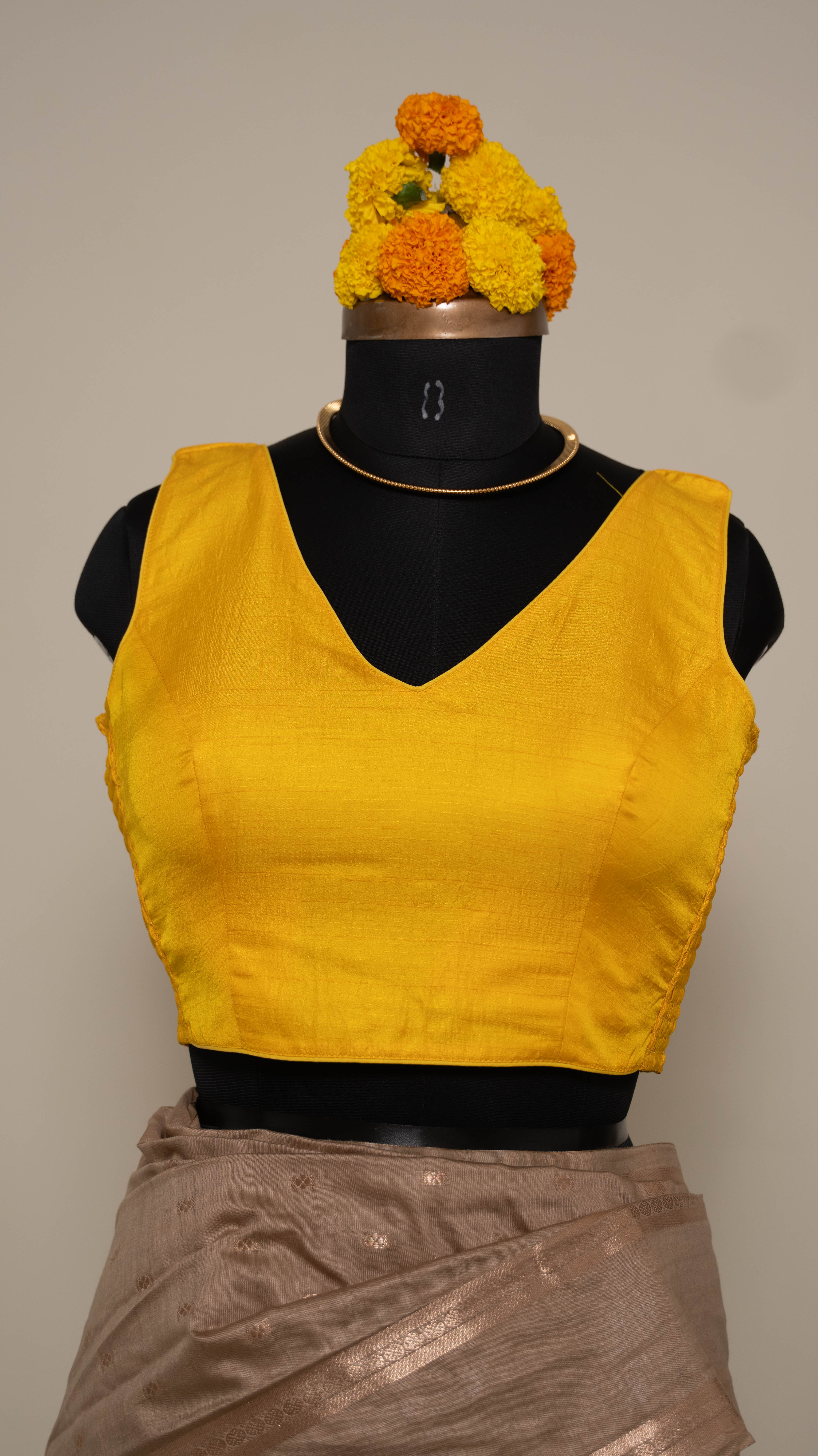 Mustard Yellow Soft Silk V Neck Padded Blouse With Attached Sleeves