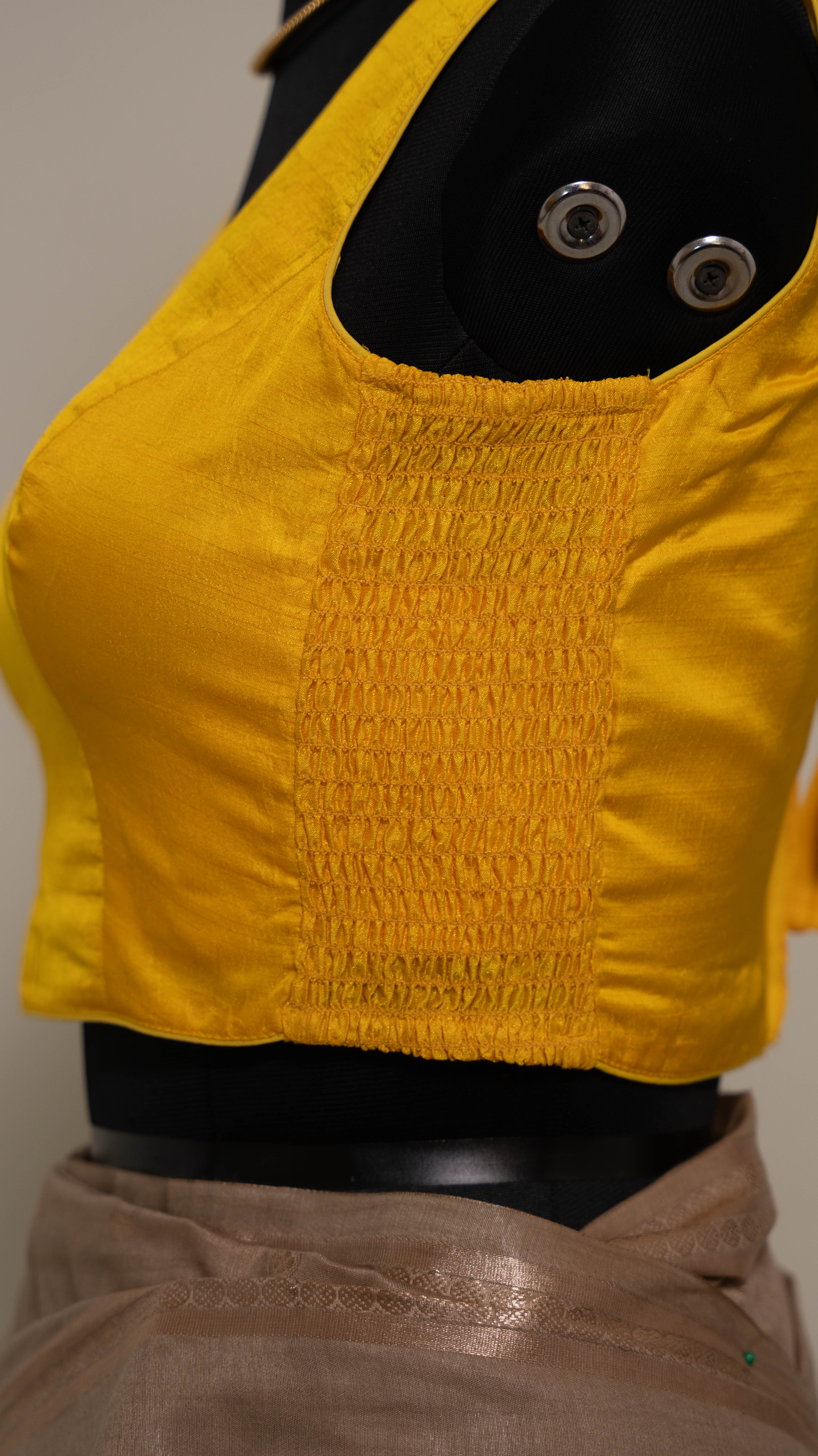 Mustard Yellow Soft Silk V Neck Padded Blouse With Attached Sleeves