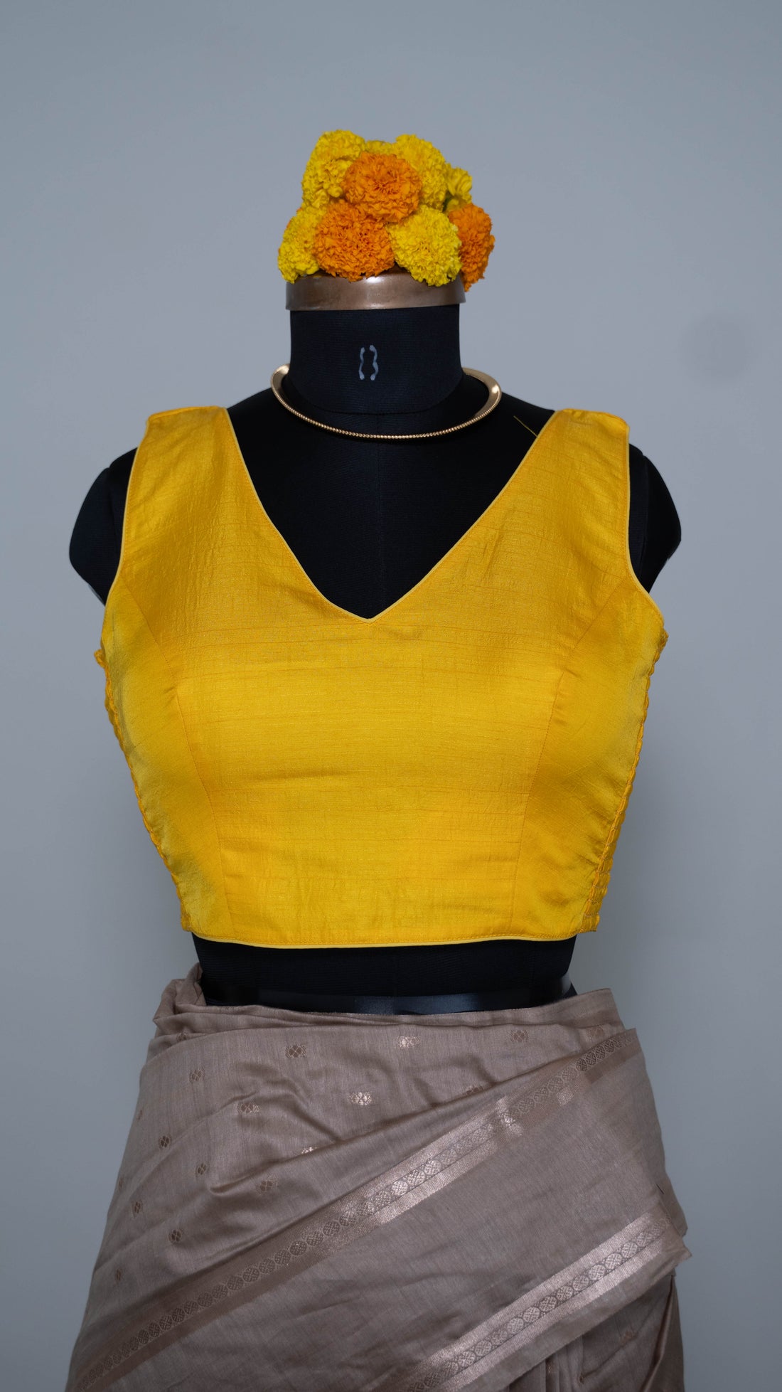 Mustard Yellow Soft Silk V Neck Padded Blouse With Attached Sleeves