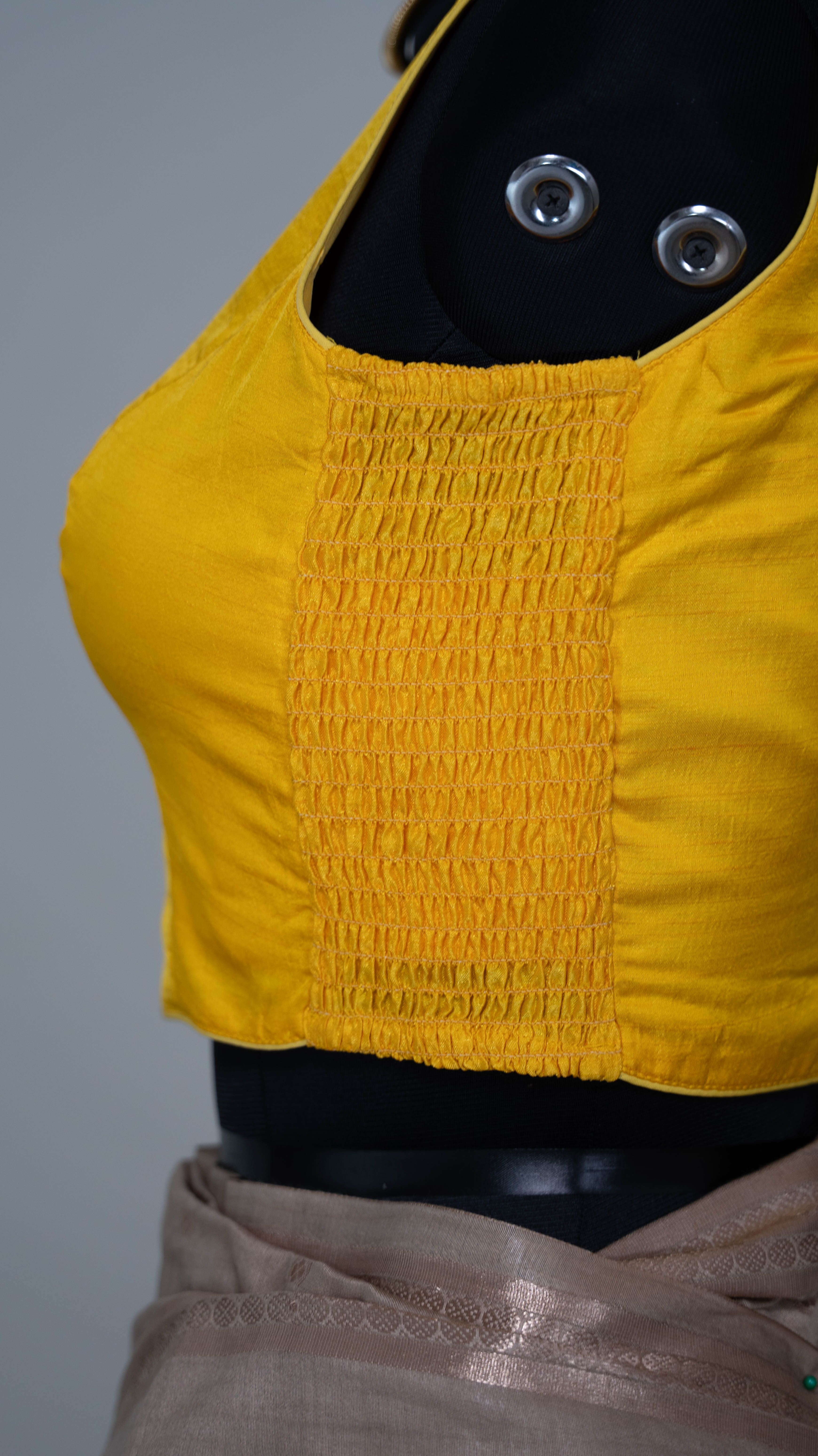 Mustard Yellow Soft Silk V Neck Padded Blouse With Attached Sleeves