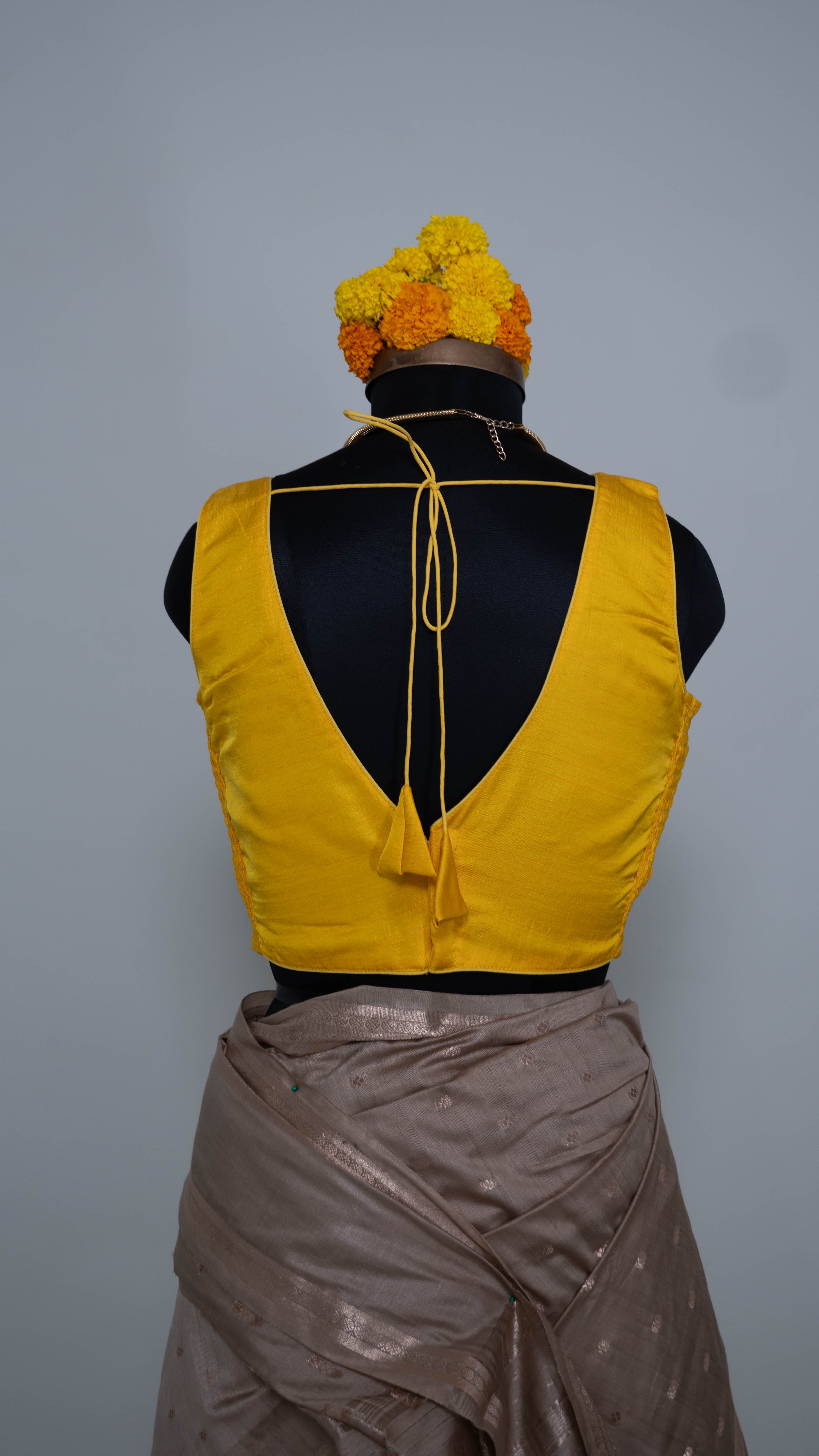 Mustard Yellow Soft Silk V Neck Padded Blouse With Attached Sleeves