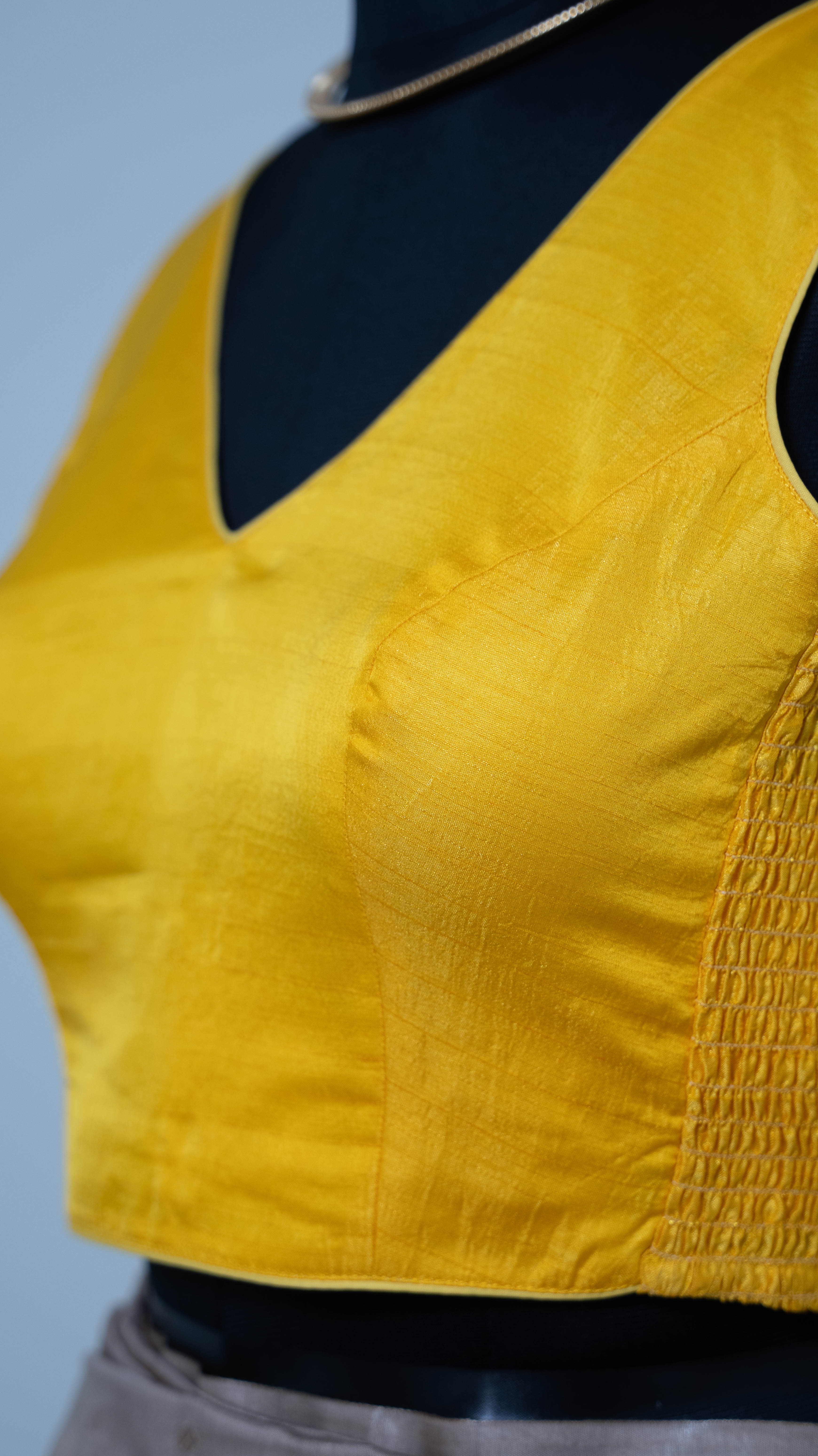 Mustard Yellow Soft Silk V Neck Padded Blouse With Attached Sleeves