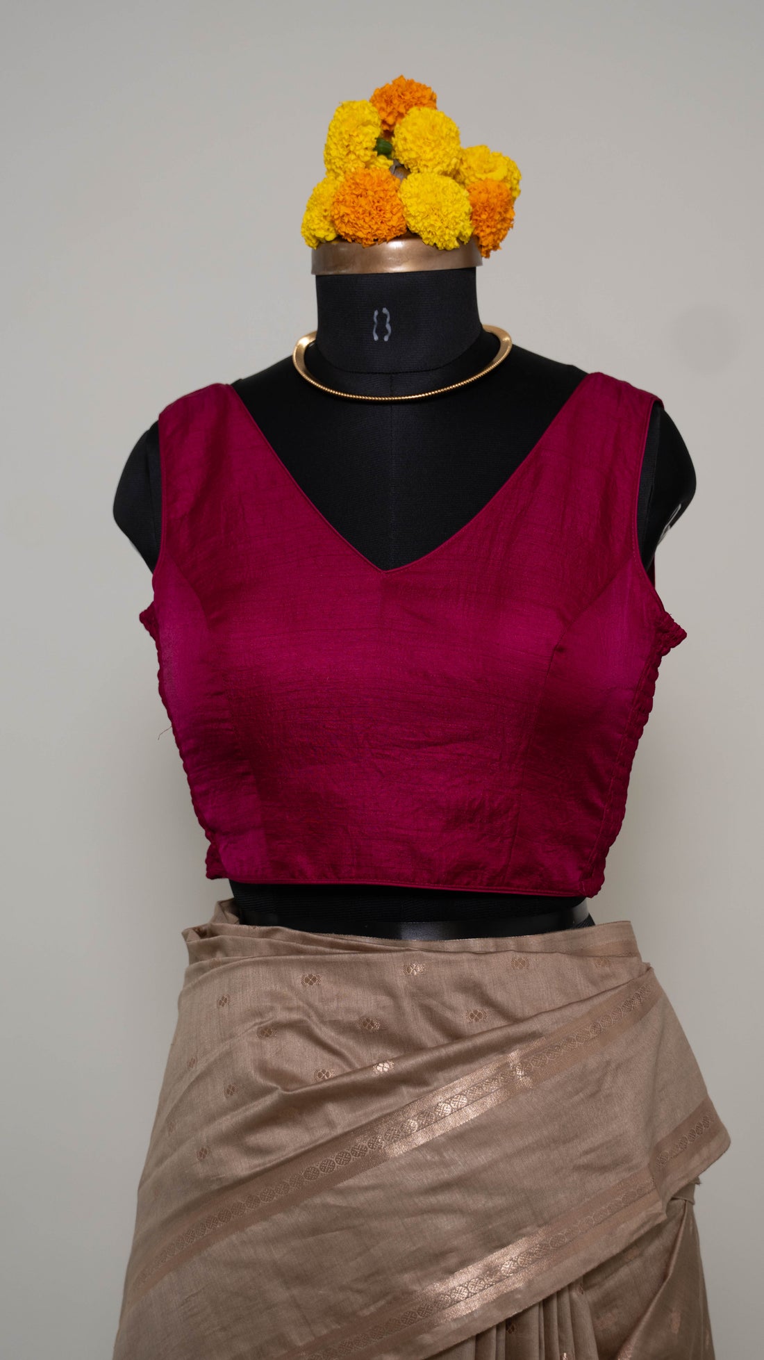 Magenta Soft Silk V Neck Padded Blouse With Attached Sleeves