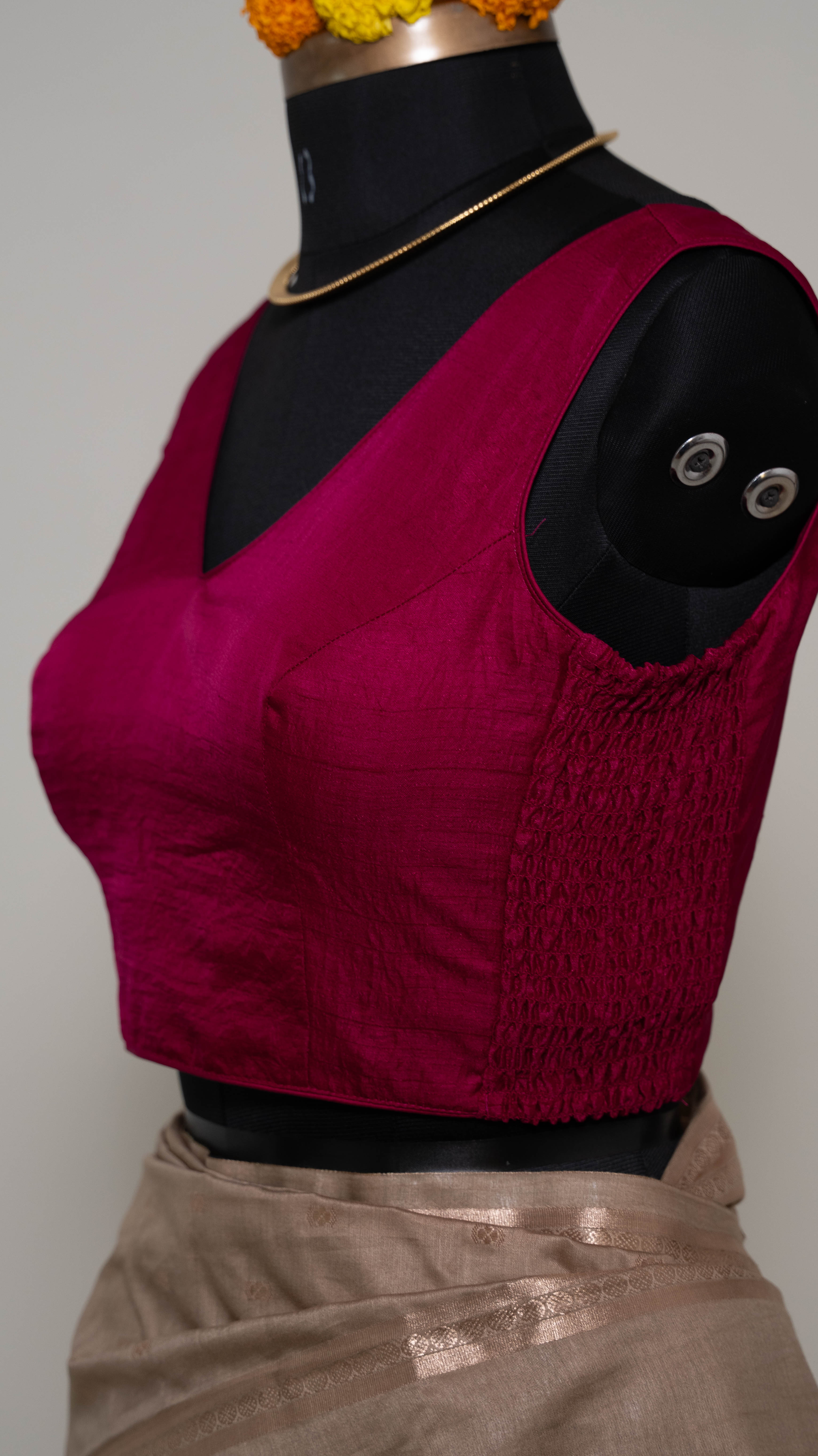 Magenta Soft Silk V Neck Padded Blouse With Attached Sleeves