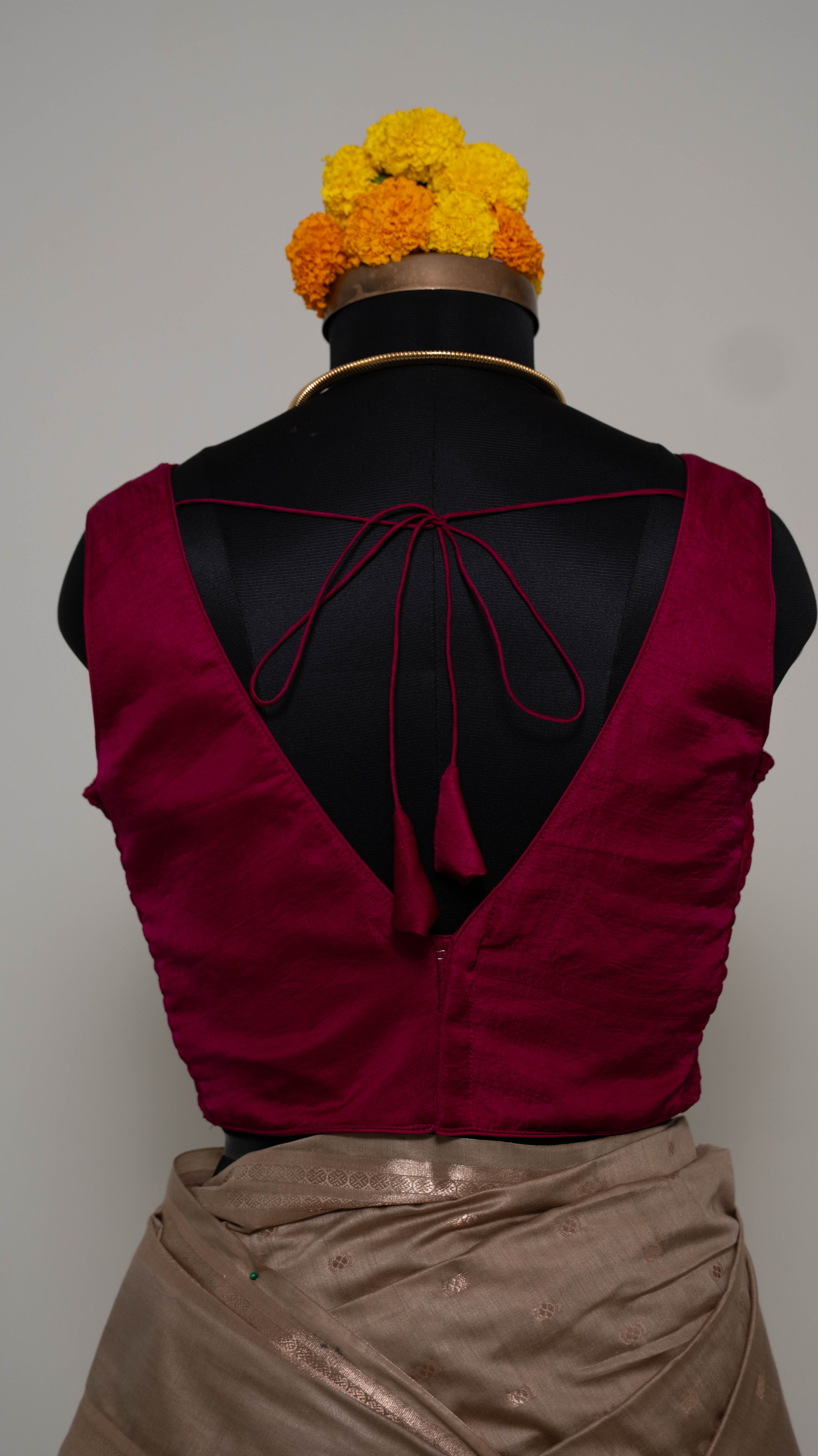 Magenta Soft Silk V Neck Padded Blouse With Attached Sleeves