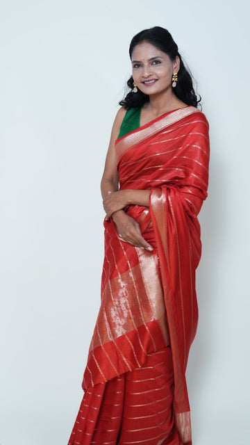 Red Natural Art Silk Stripes Saree
