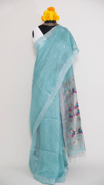 Aqua Blue Silk Linen Handloom Silver Jari Paithani Pallu