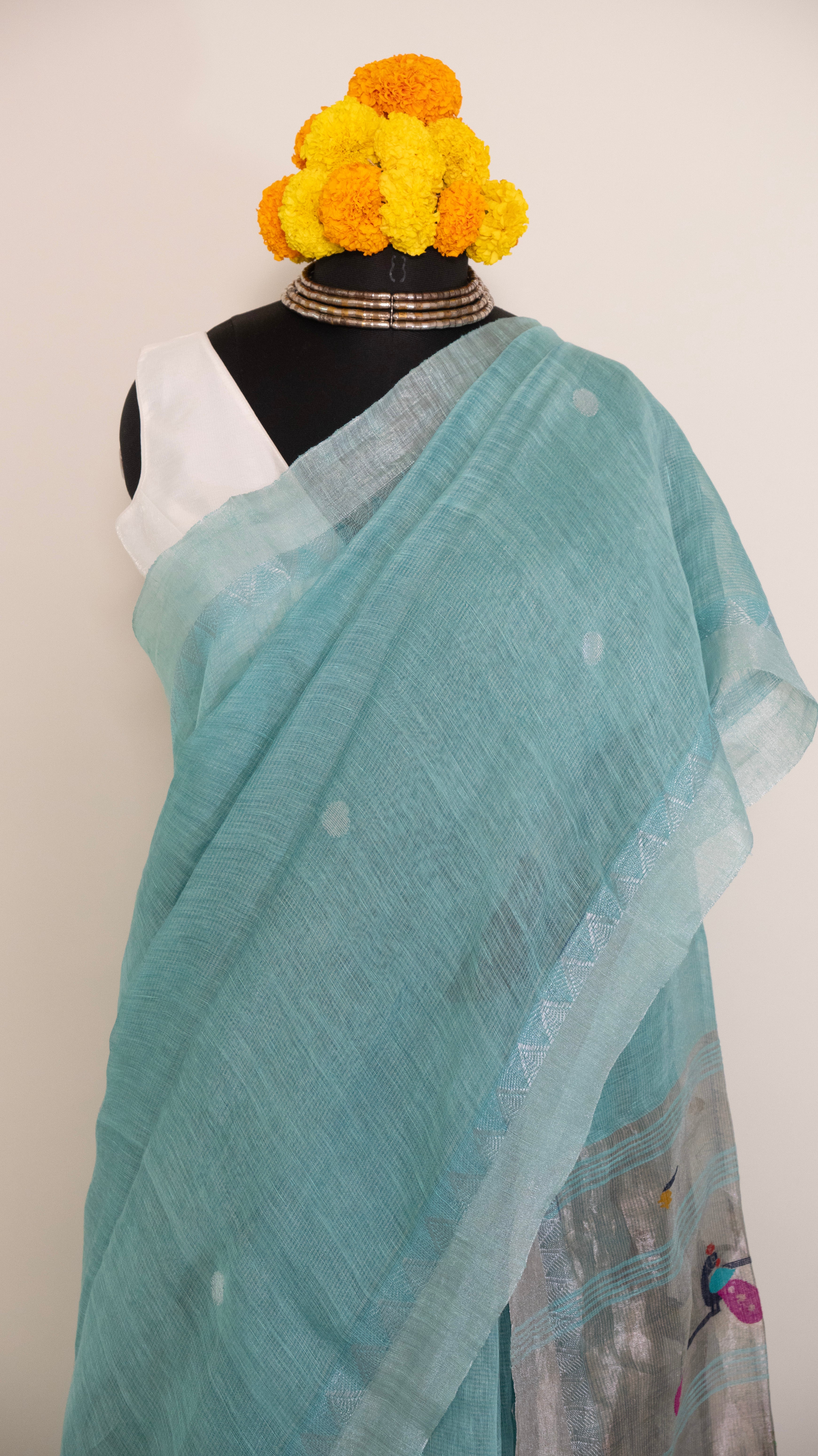 Aqua Blue Silk Linen Handloom Silver Jari Paithani Pallu