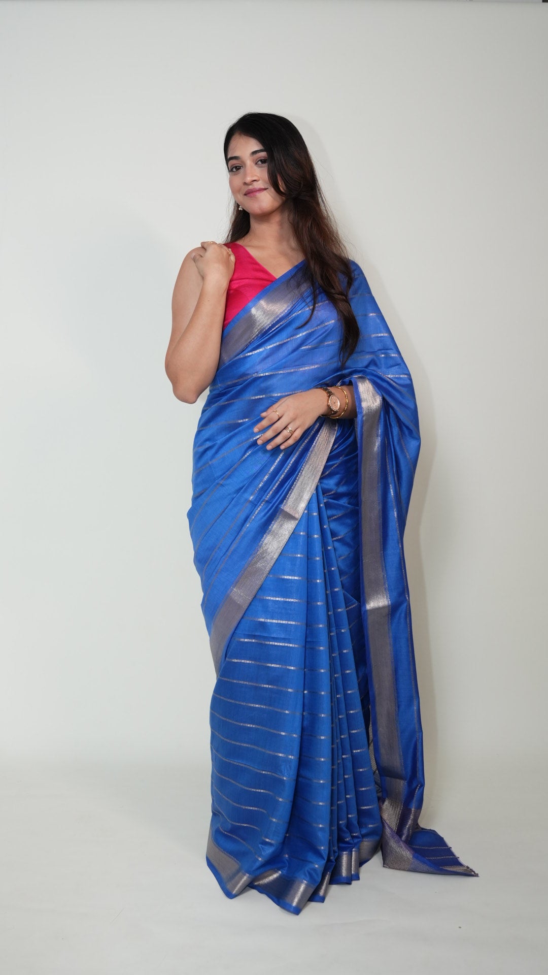 Blue Natural Art Silk Stripes Saree