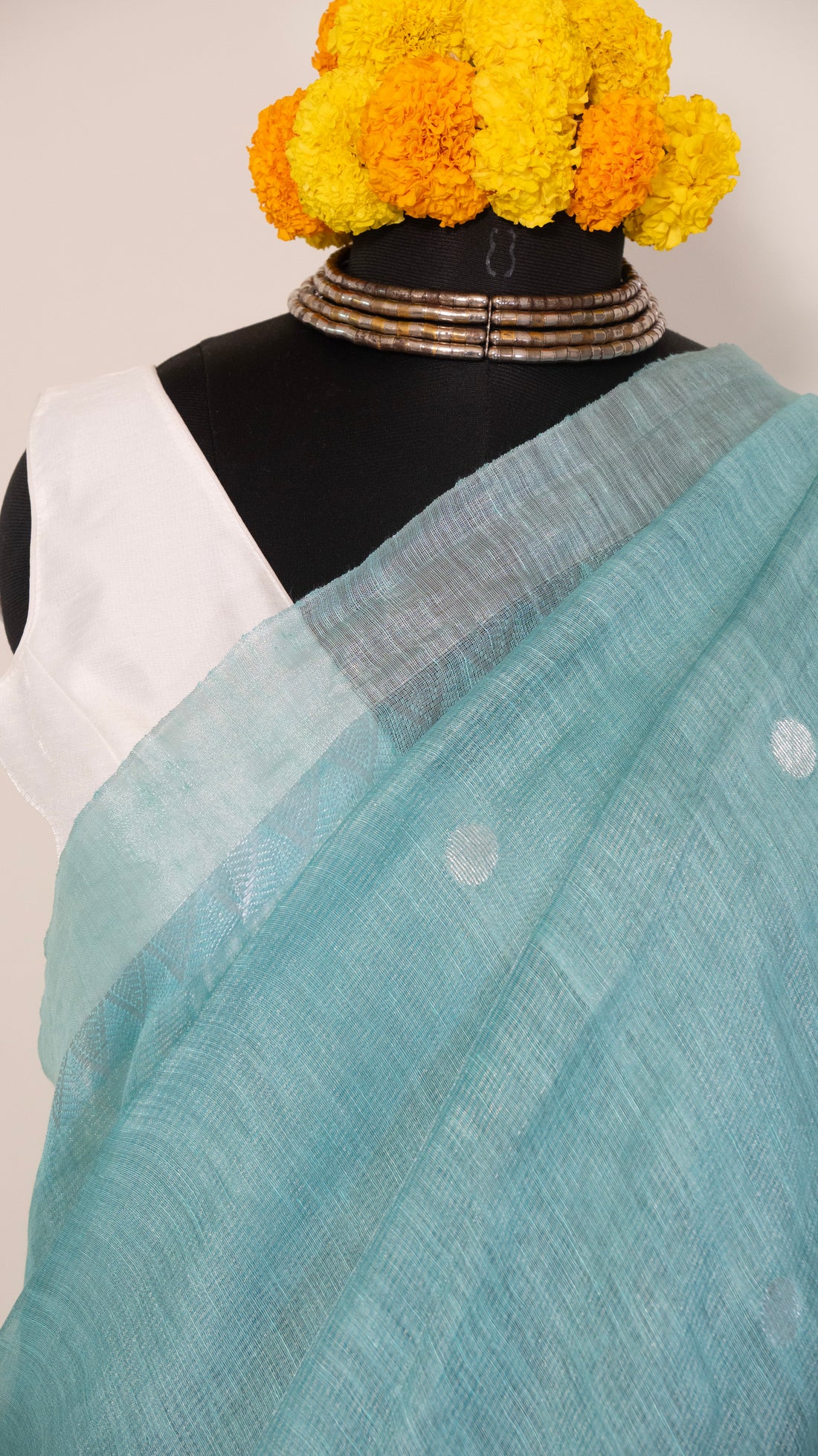 Aqua Blue Silk Linen Handloom Silver Jari Paithani Pallu