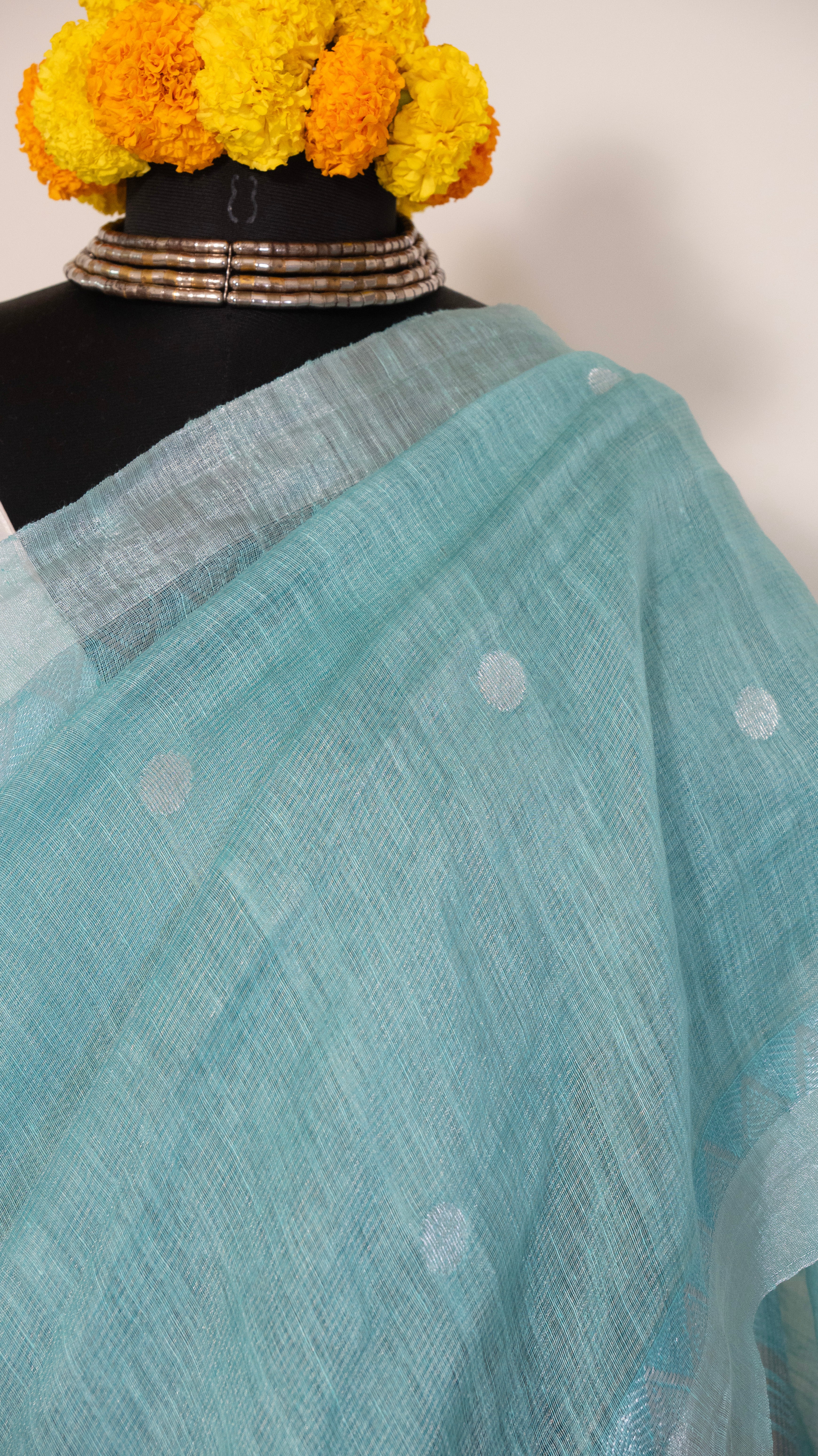 Aqua Blue Silk Linen Handloom Silver Jari Paithani Pallu