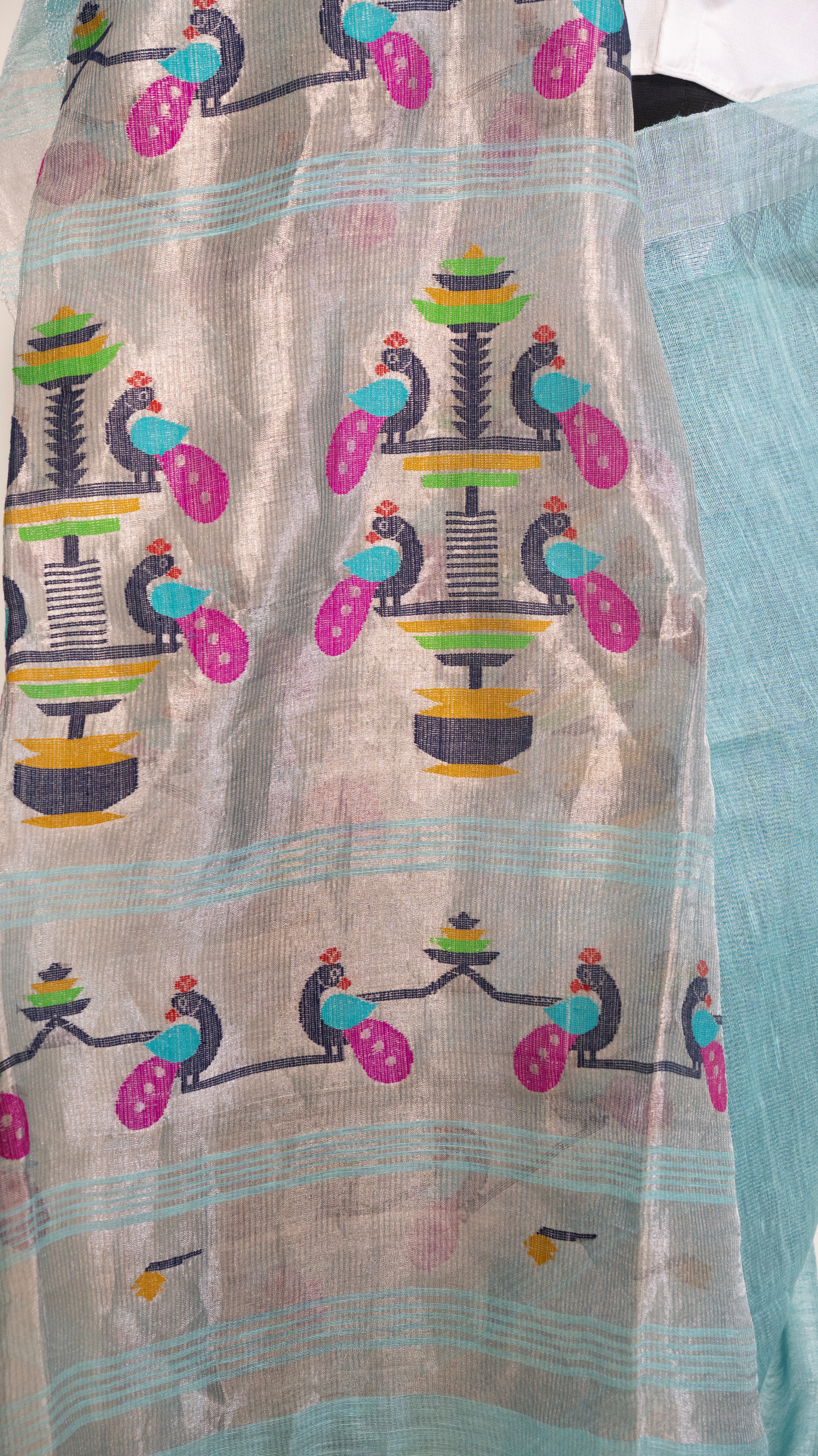 Aqua Blue Silk Linen Handloom Silver Jari Paithani Pallu
