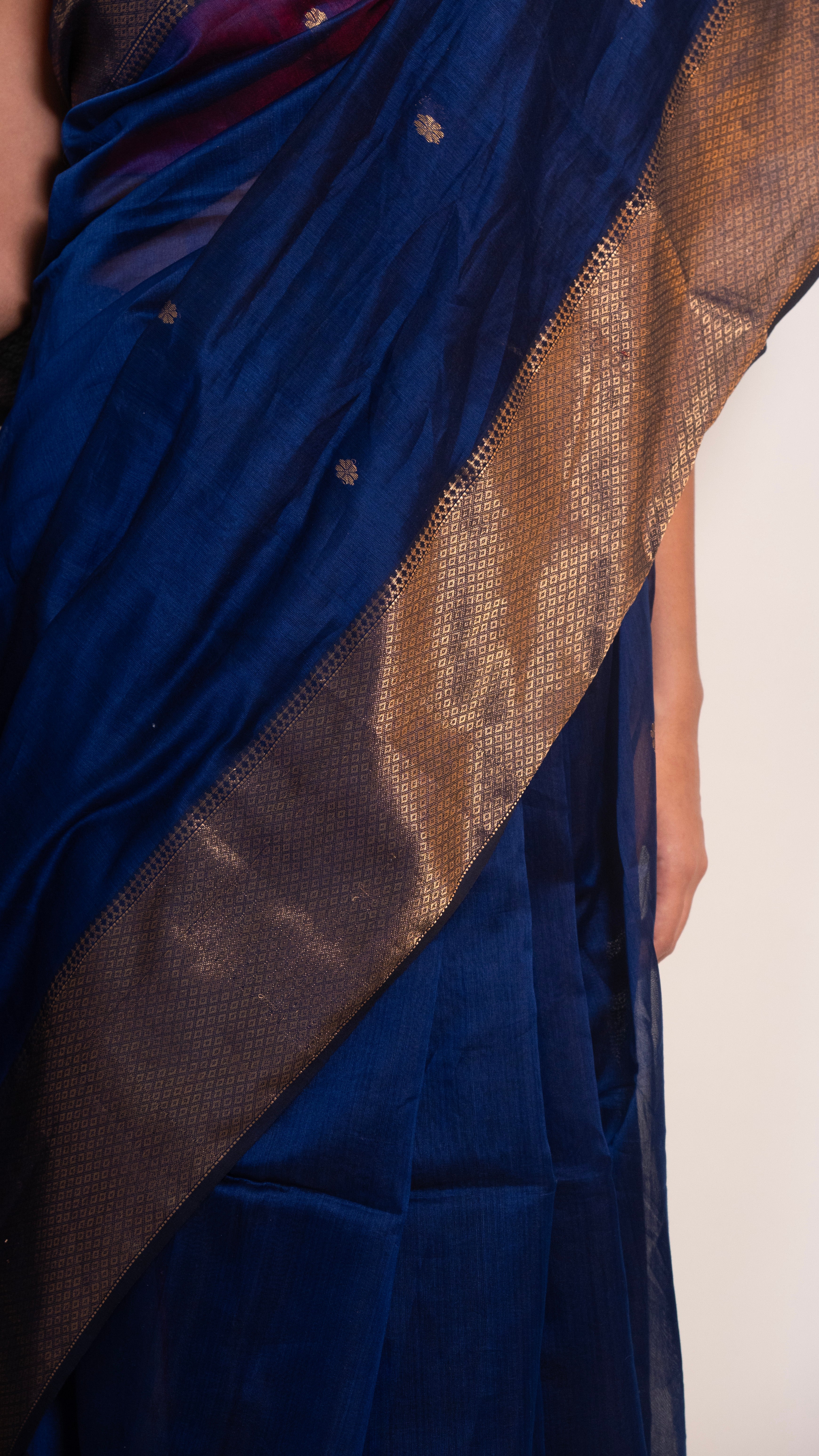 Royal Blue Handloom Maheshwari Ruhi Butti Cotton Silk Saree