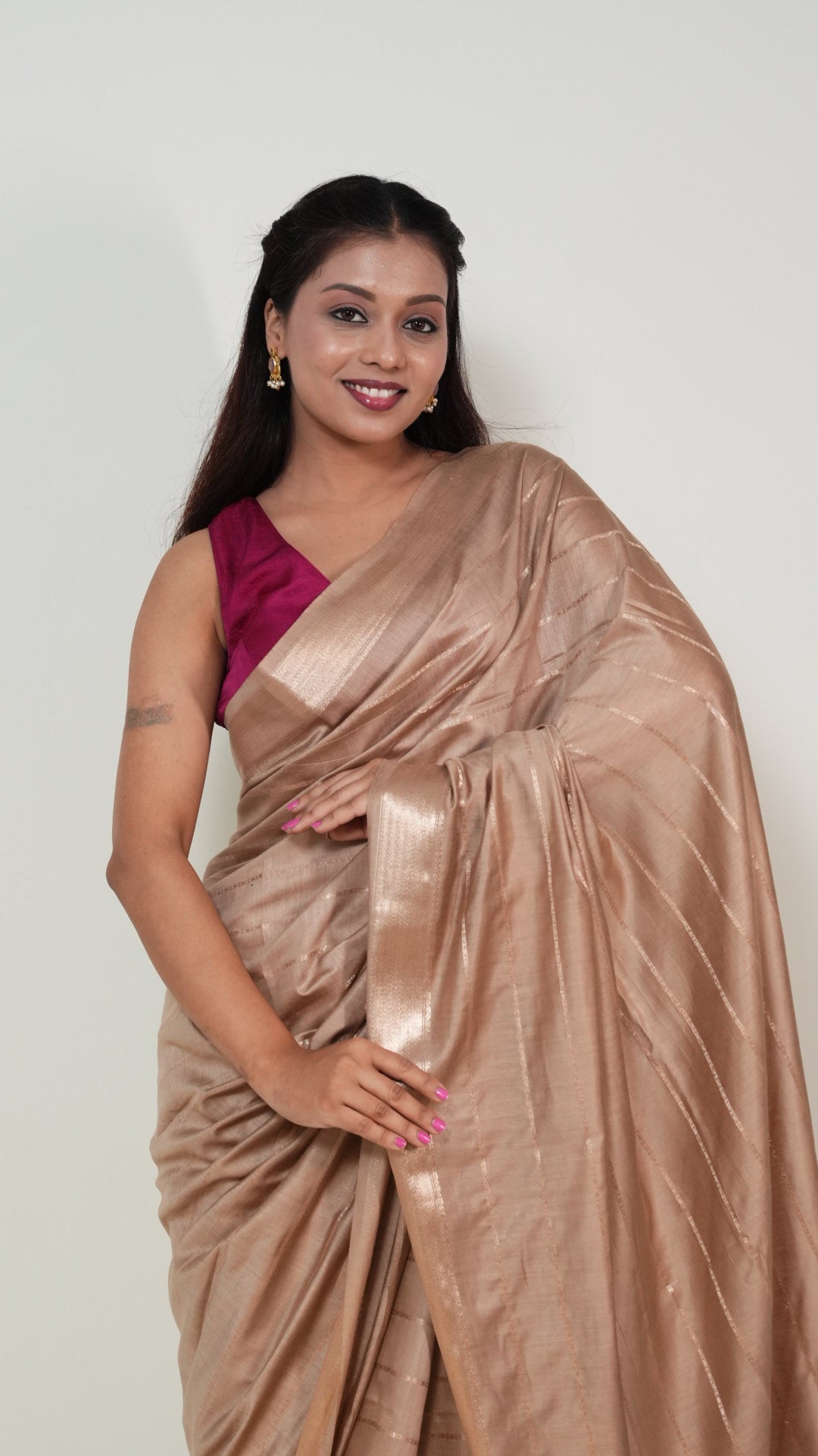 Champagne Gold Natural Art Silk Stripes Saree
