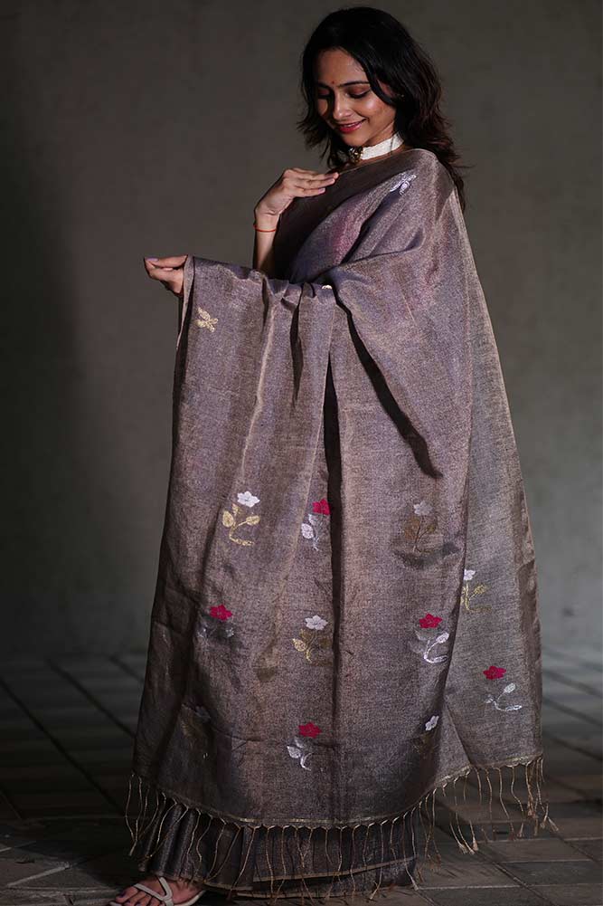 Dark Grey Jamdani Tissue Linen Sarees